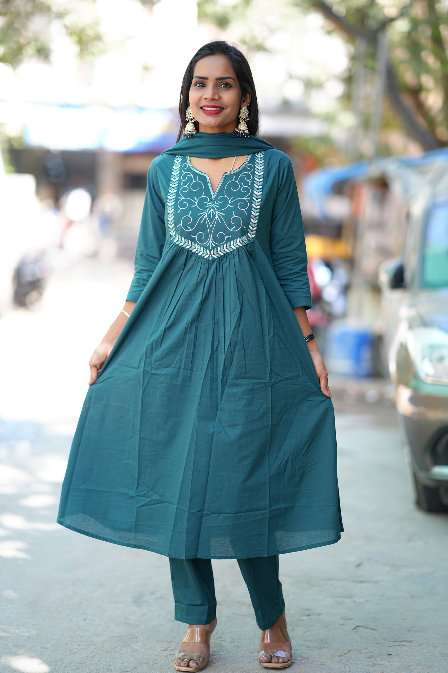Teal Green Festive Wear 3 Piece Set in 92.5 Jaipur Cotton