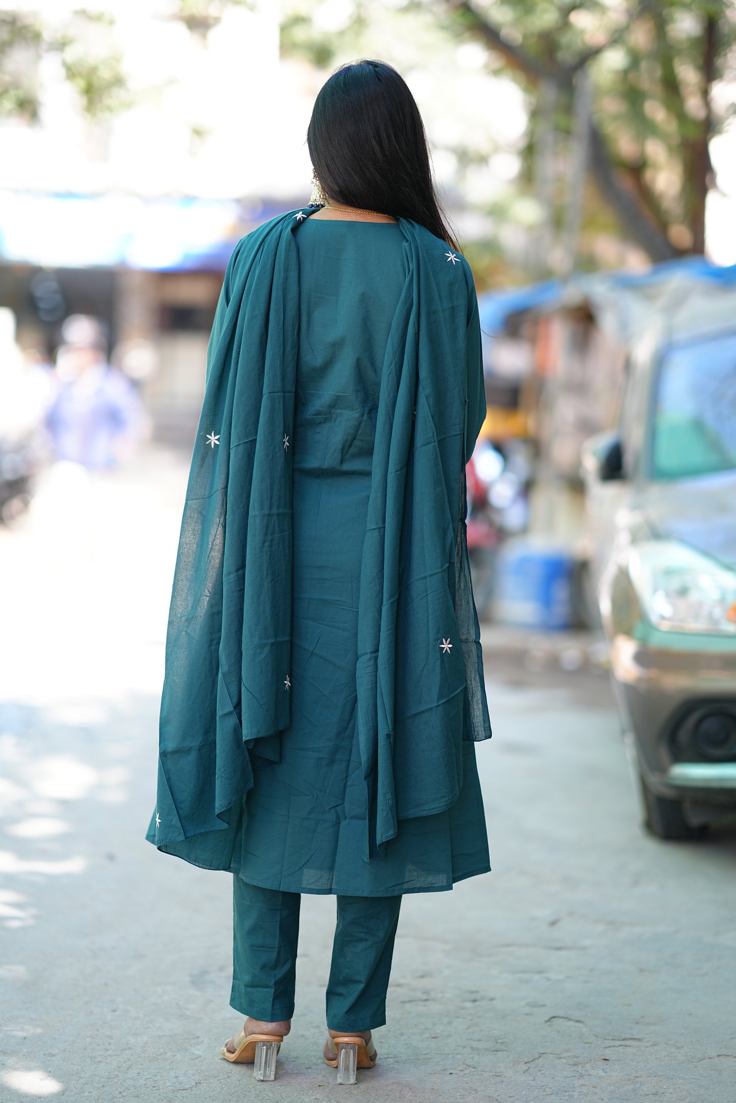 Teal Green Festive Wear 3 Piece Set in 92.5 Jaipur Cotton