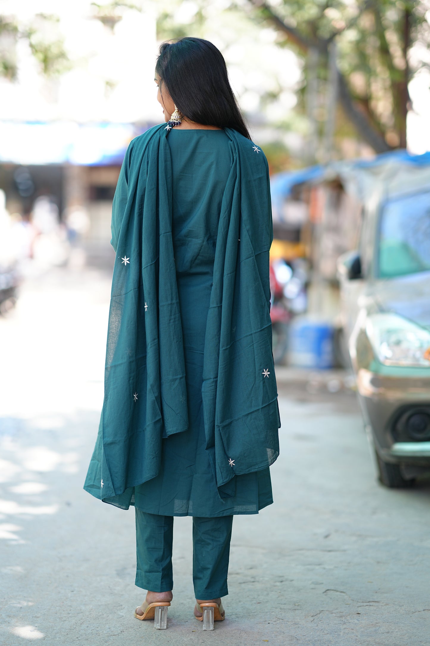 Teal Green Festive Wear 3 Piece Set in 92.5 Jaipur Cotton