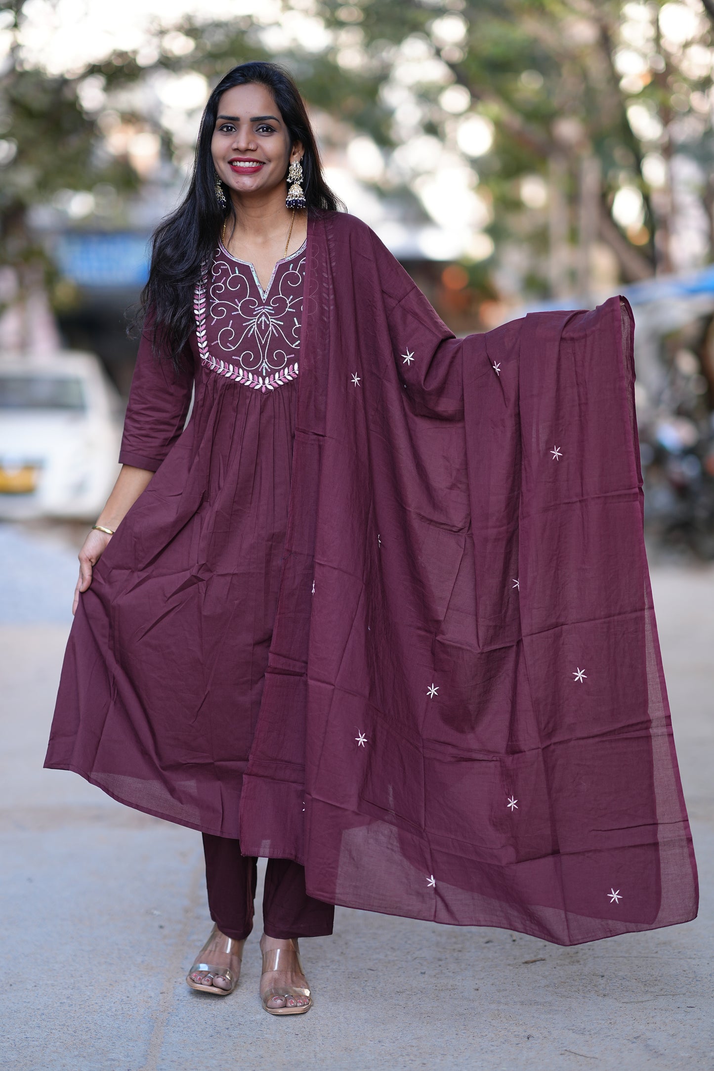 Wine Color Festive Wear 3 Piece Set in 92.5 Jaipur Cotton