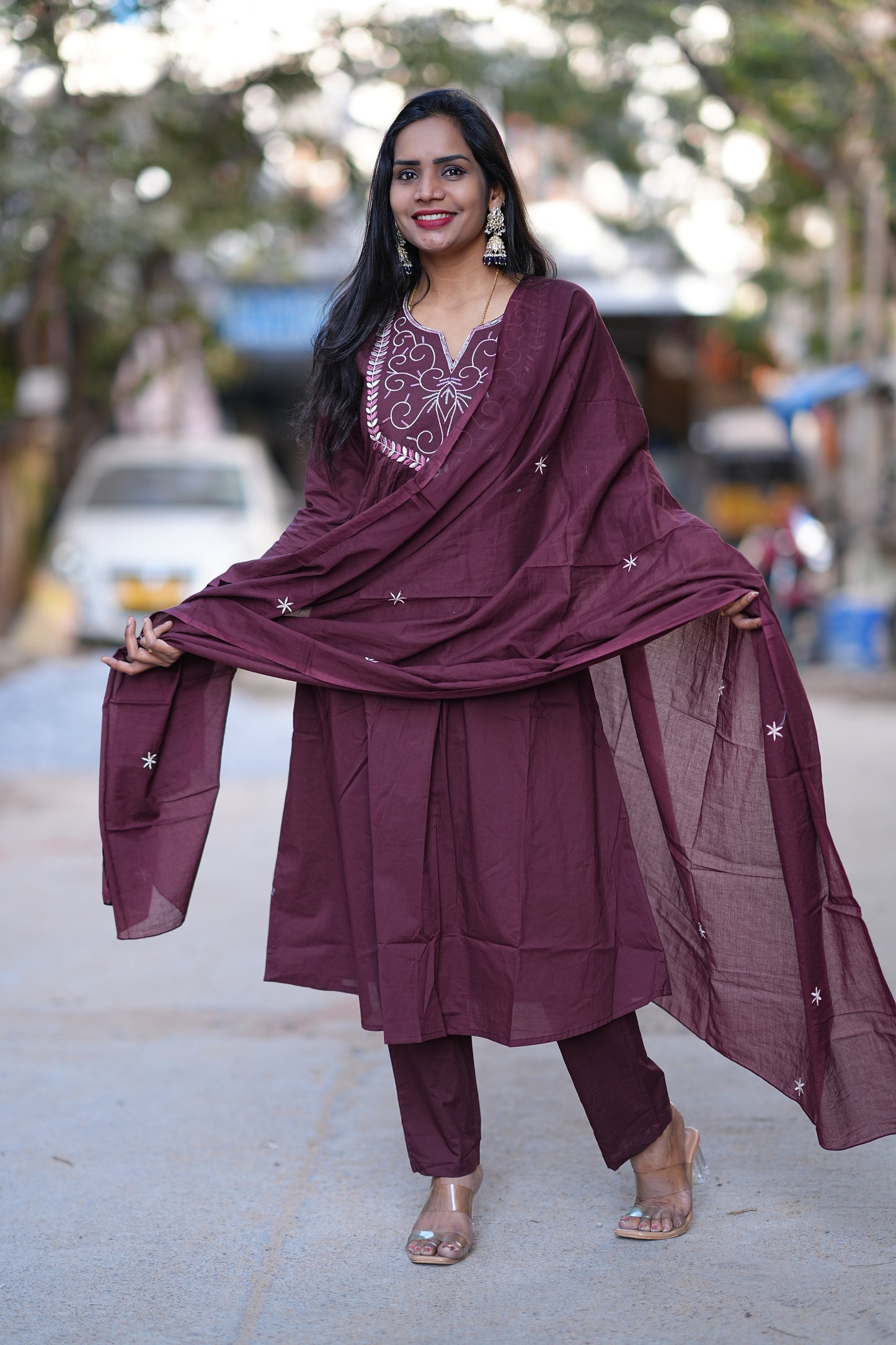 Wine Color Festive Wear 3 Piece Set in 92.5 Jaipur Cotton