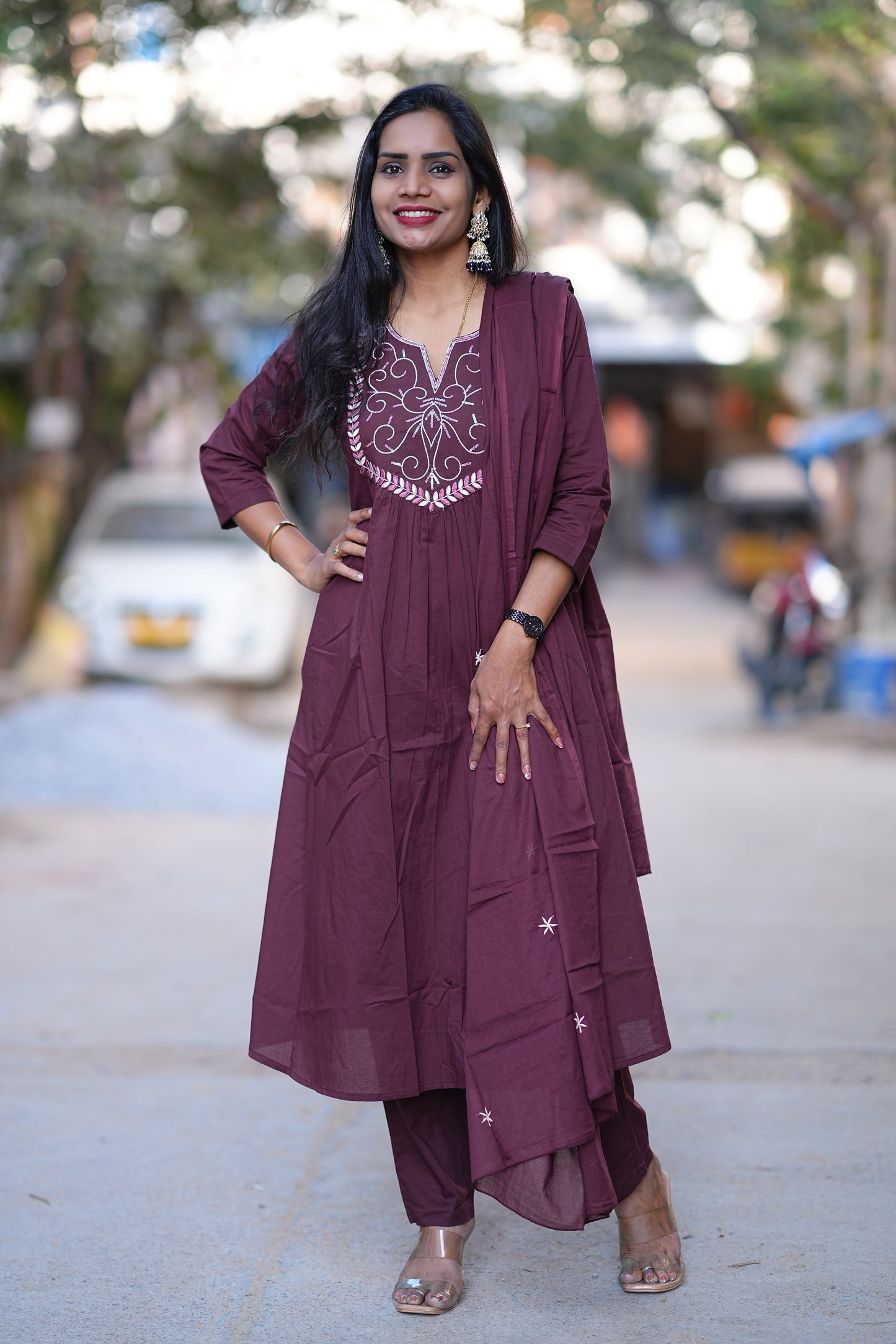 Wine Color Festive Wear 3 Piece Set in 92.5 Jaipur Cotton