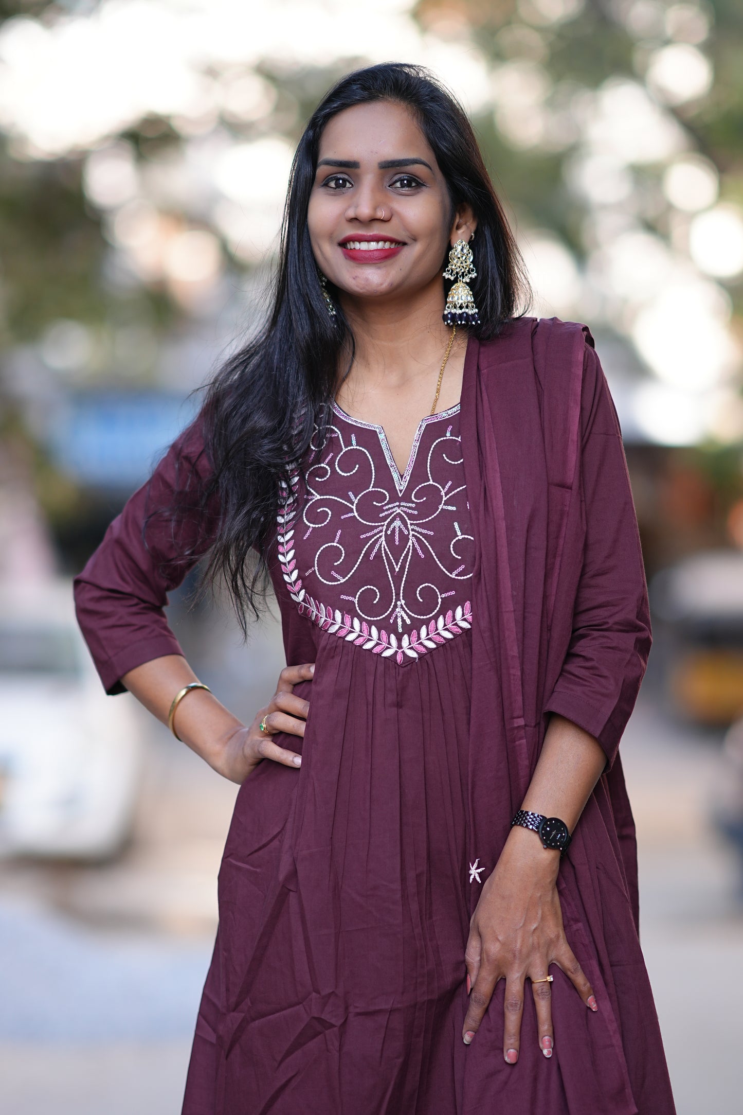 Wine Color Festive Wear 3 Piece Set in 92.5 Jaipur Cotton