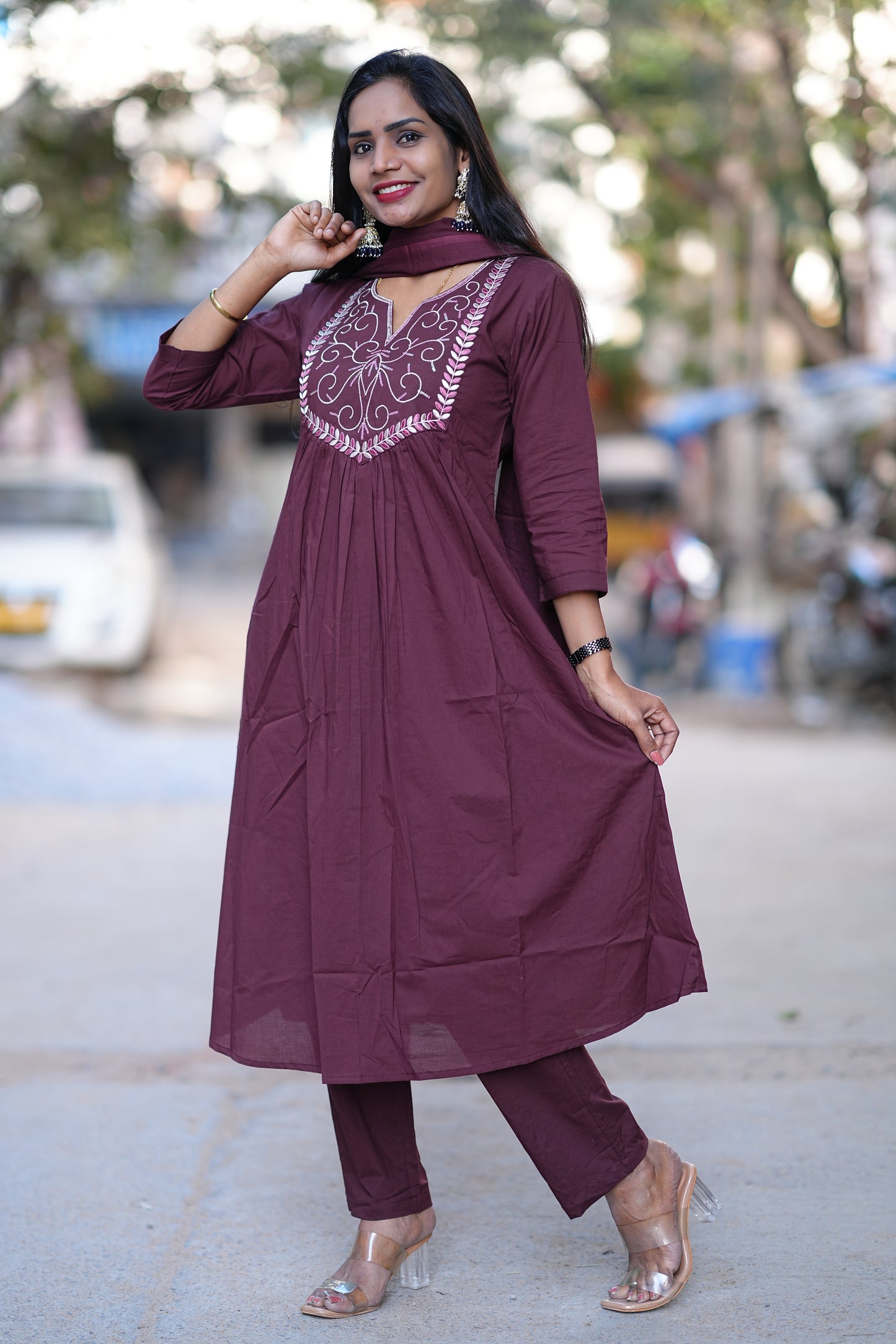 Wine Color Festive Wear 3 Piece Set in 92.5 Jaipur Cotton
