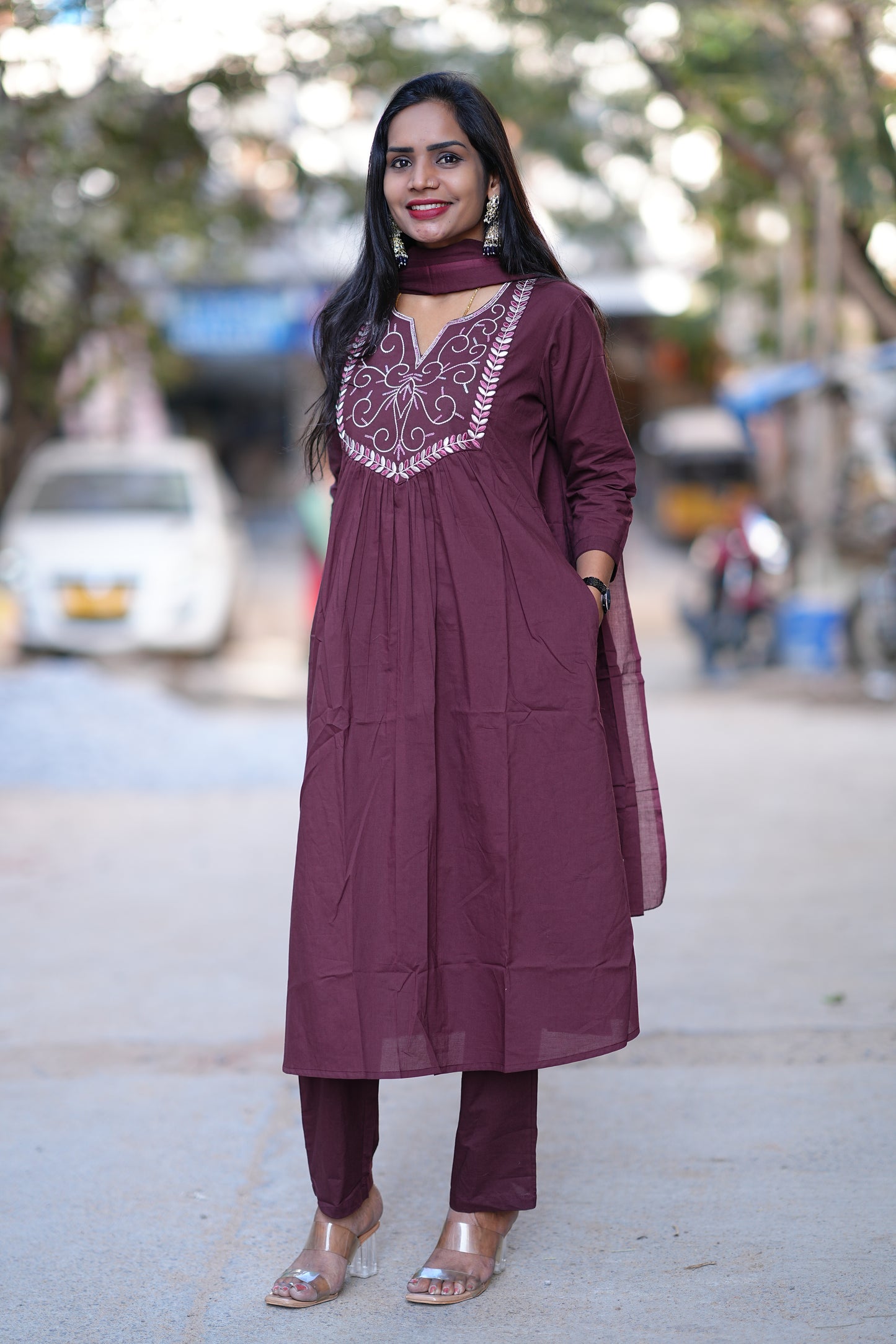 Wine Color Festive Wear 3 Piece Set in 92.5 Jaipur Cotton