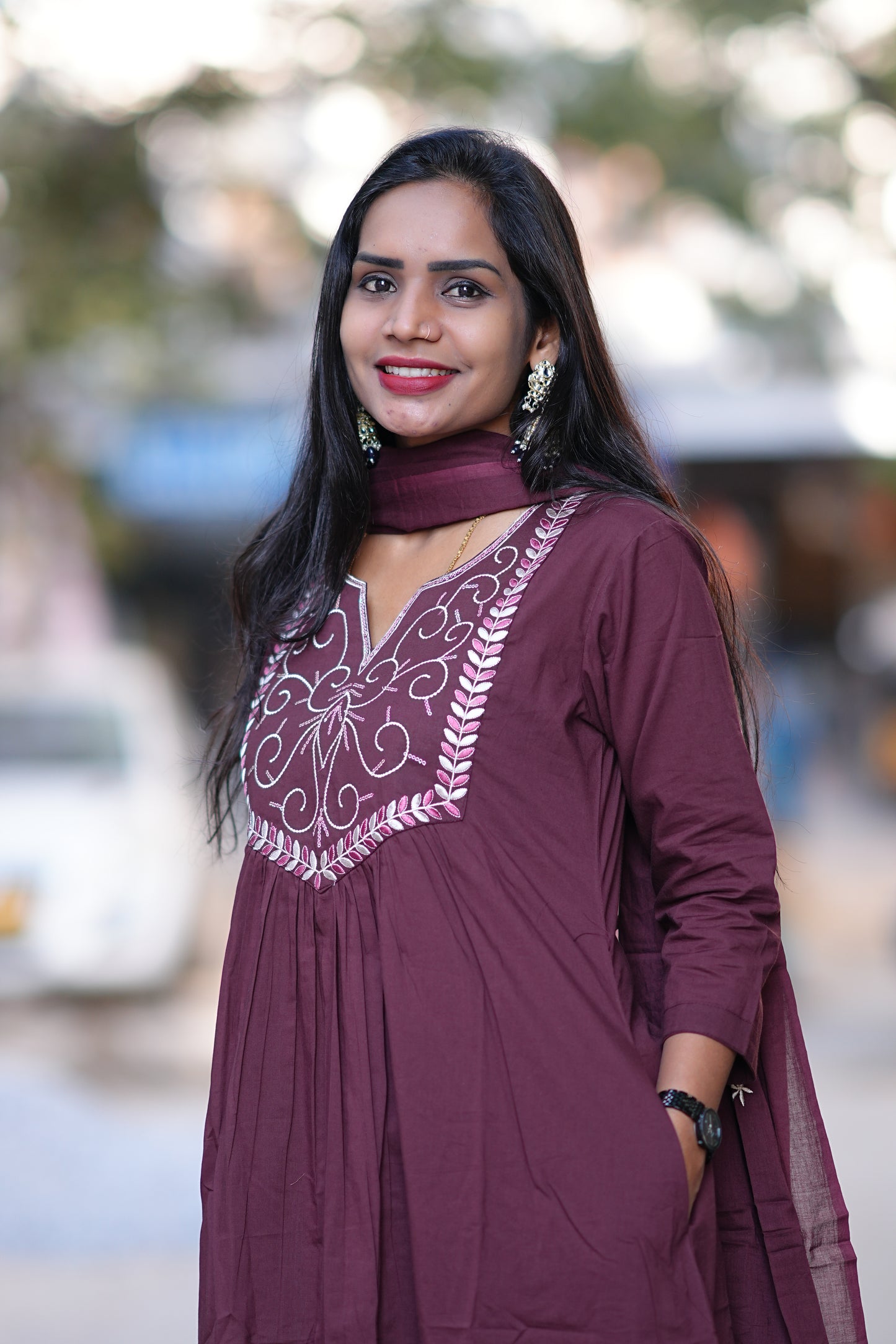 Wine Color Festive Wear 3 Piece Set in 92.5 Jaipur Cotton