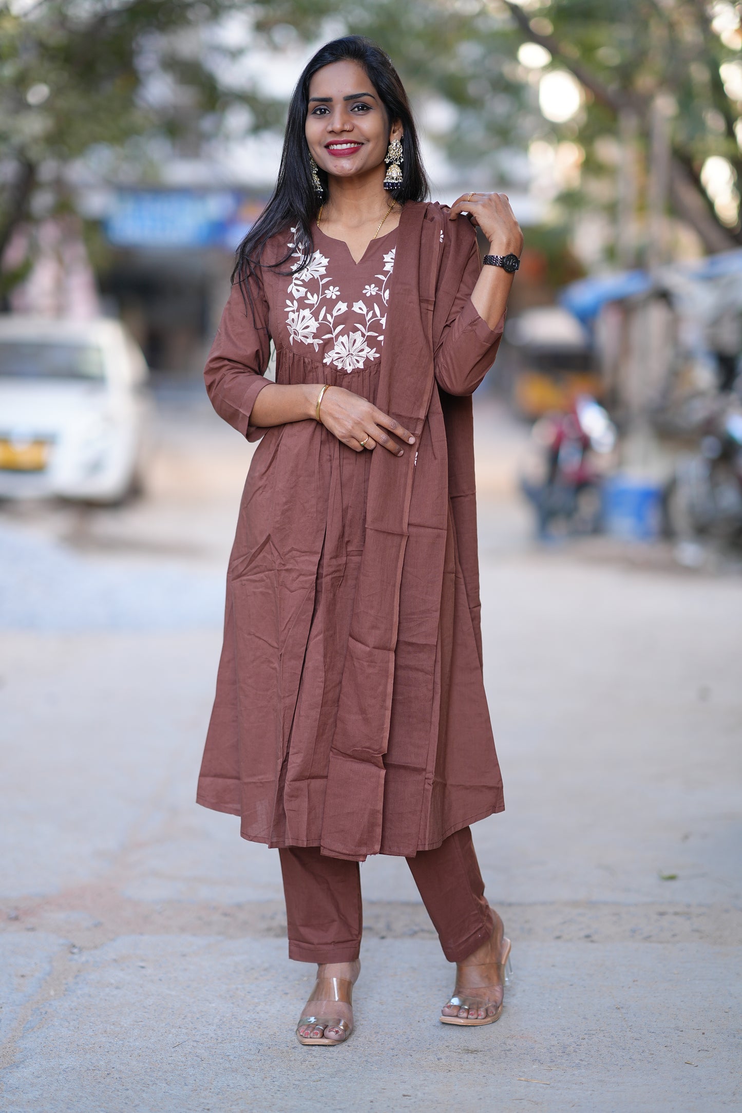 Brown Color 92.5 Jaipur Cotton A Line 3 Piece Set With applique Work