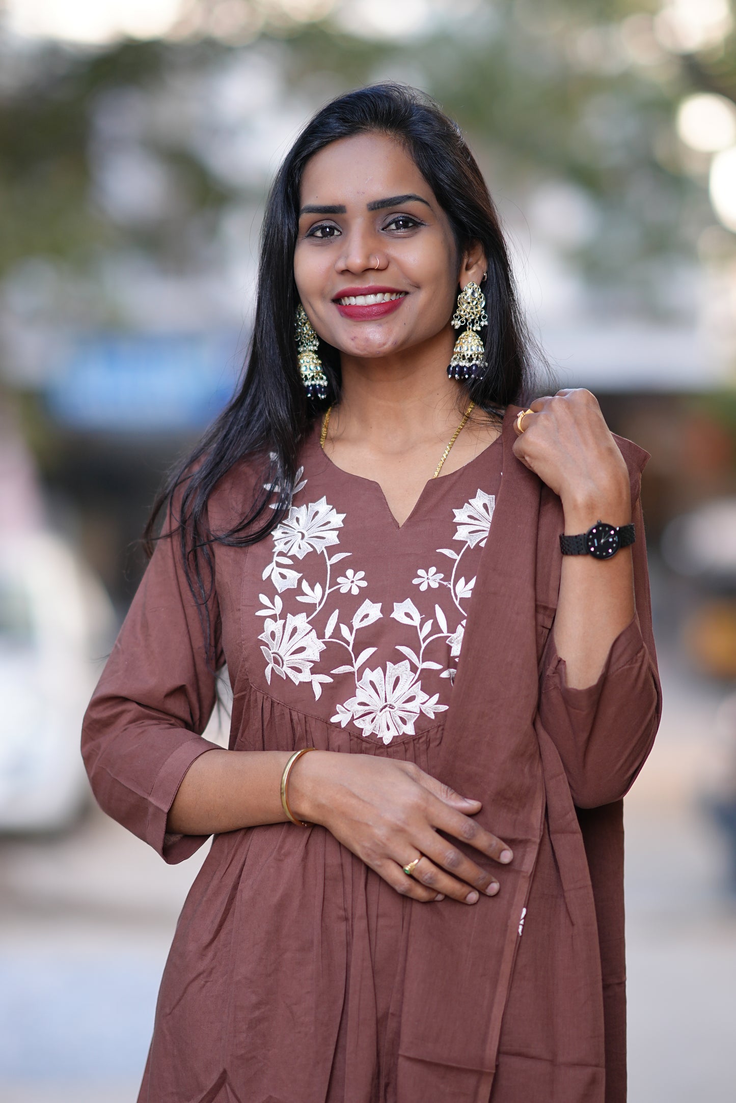 Brown Color Anarkali 3 Piece Set in 92.5 Jaipur Cotton With applique Work