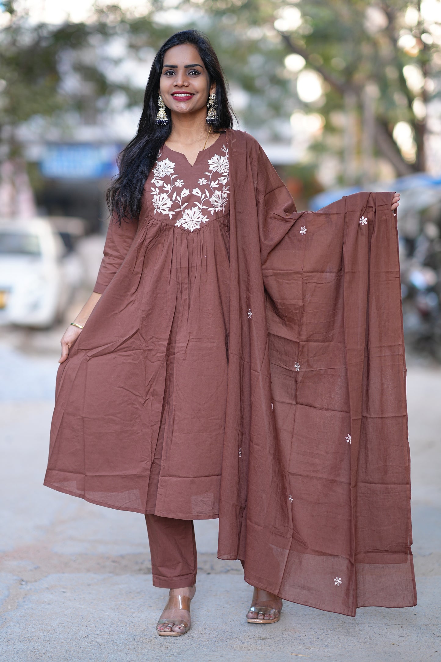 Brown Color Anarkali 3 Piece Set in 92.5 Jaipur Cotton With applique Work