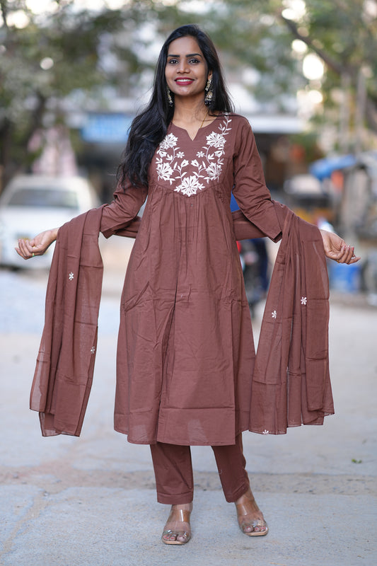 Brown Color 92.5 Jaipur Cotton Plus Size A Line 3 Piece Set With applique Work