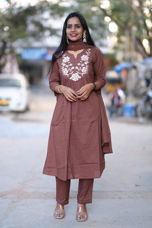 Brown Color Anarkali 3 Piece Set in 92.5 Jaipur Cotton With applique Work