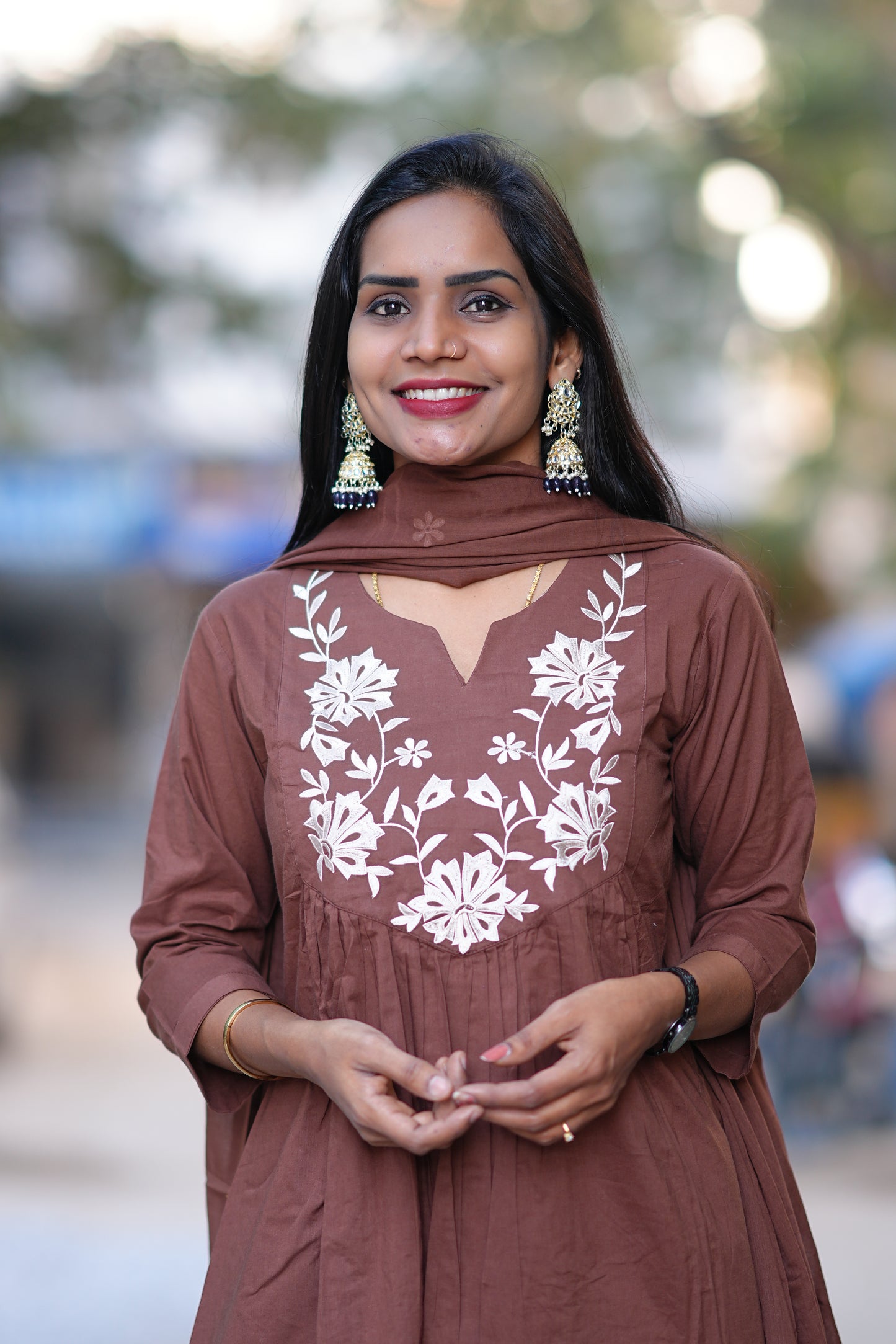 Brown Color 92.5 Jaipur Cotton Plus Size A Line 3 Piece Set With applique Work