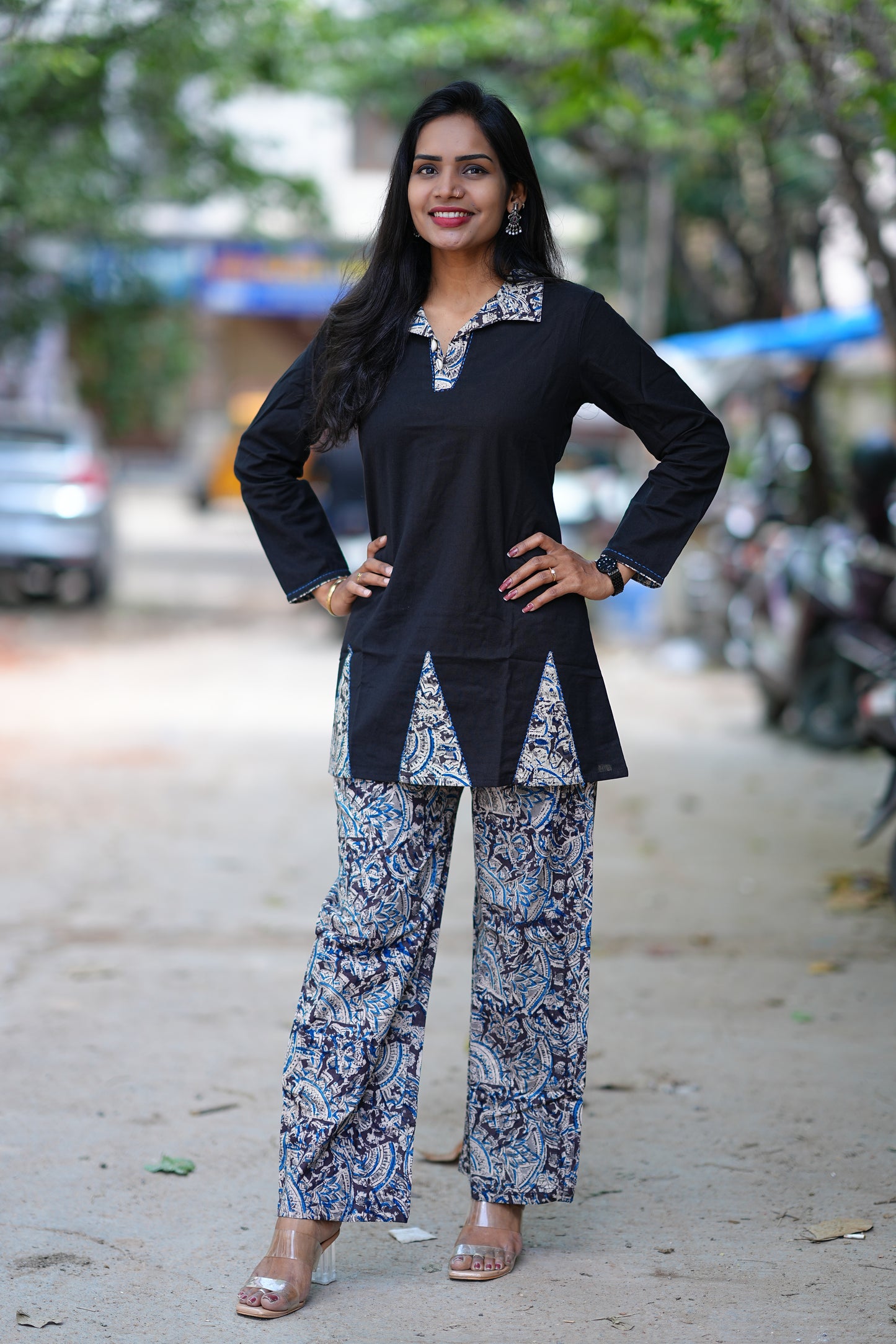 Black Color Kali Pattern Kalamkari Print Cord Set