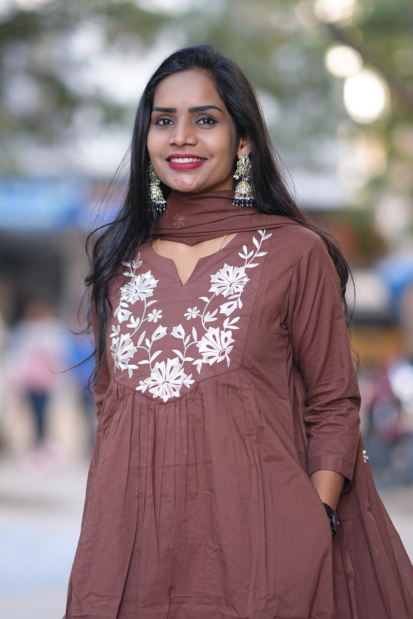 Brown Color 92.5 Jaipur Cotton Plus Size A Line 3 Piece Set With applique Work