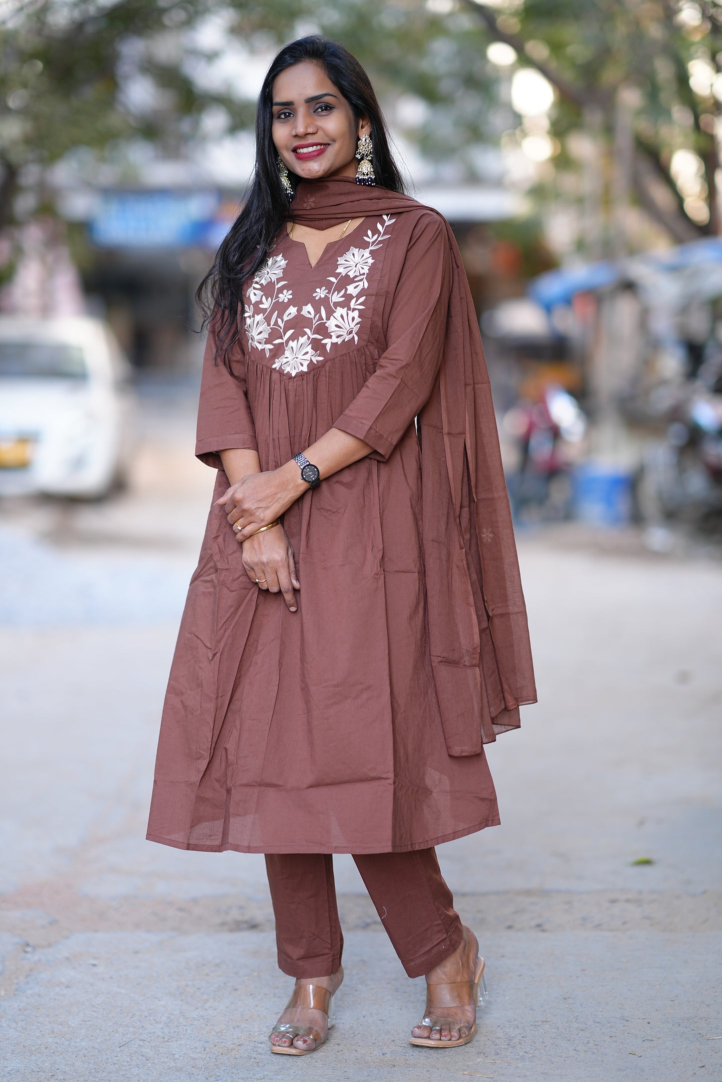 Brown Color 92.5 Jaipur Cotton A Line 3 Piece Set With applique Work