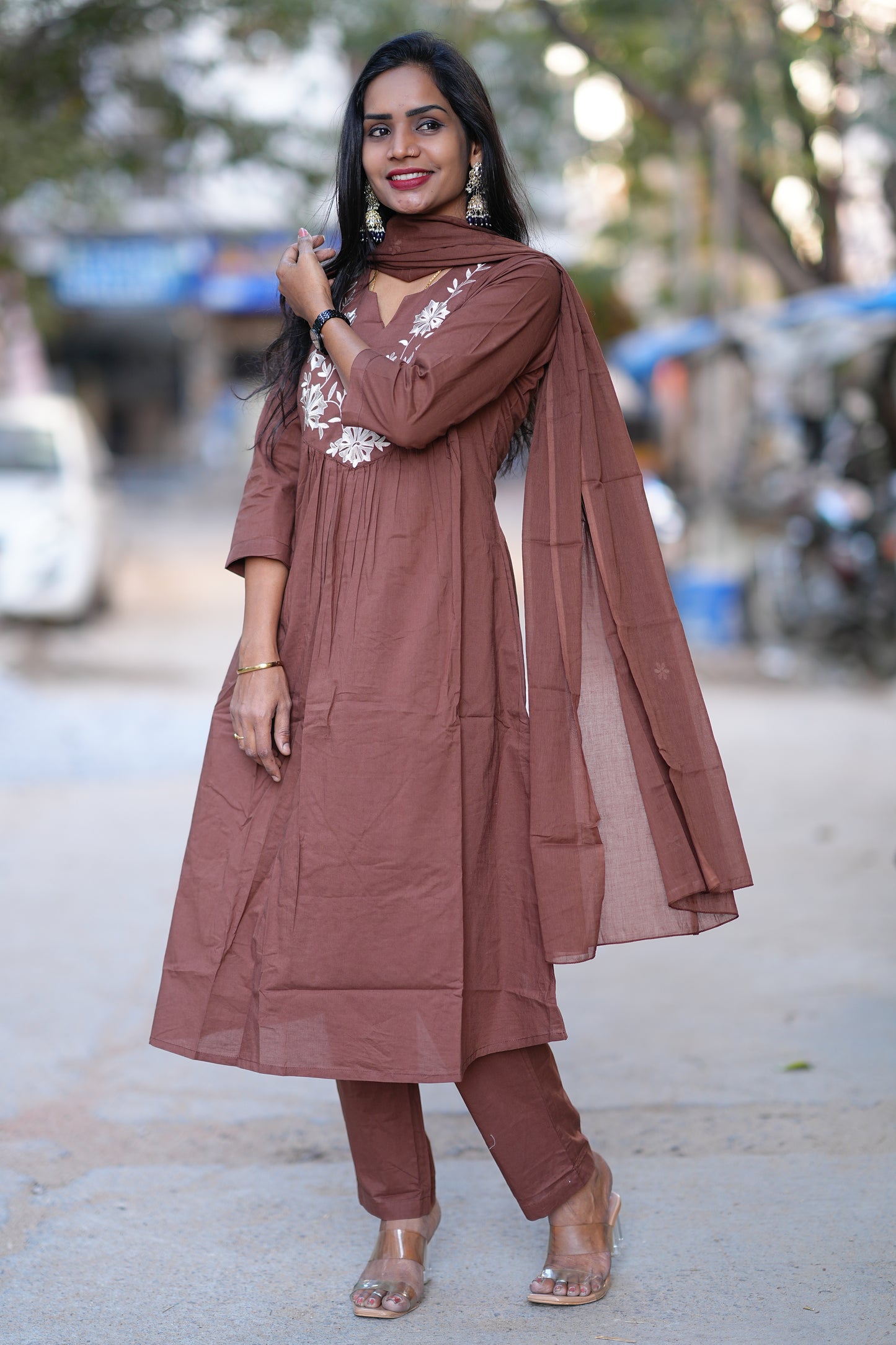 Brown Color 92.5 Jaipur Cotton A Line 3 Piece Set With applique Work