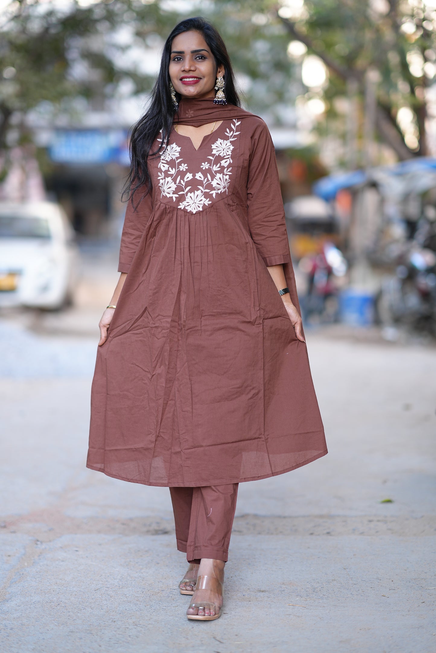 Brown Color 92.5 Jaipur Cotton Plus Size A Line 3 Piece Set With applique Work