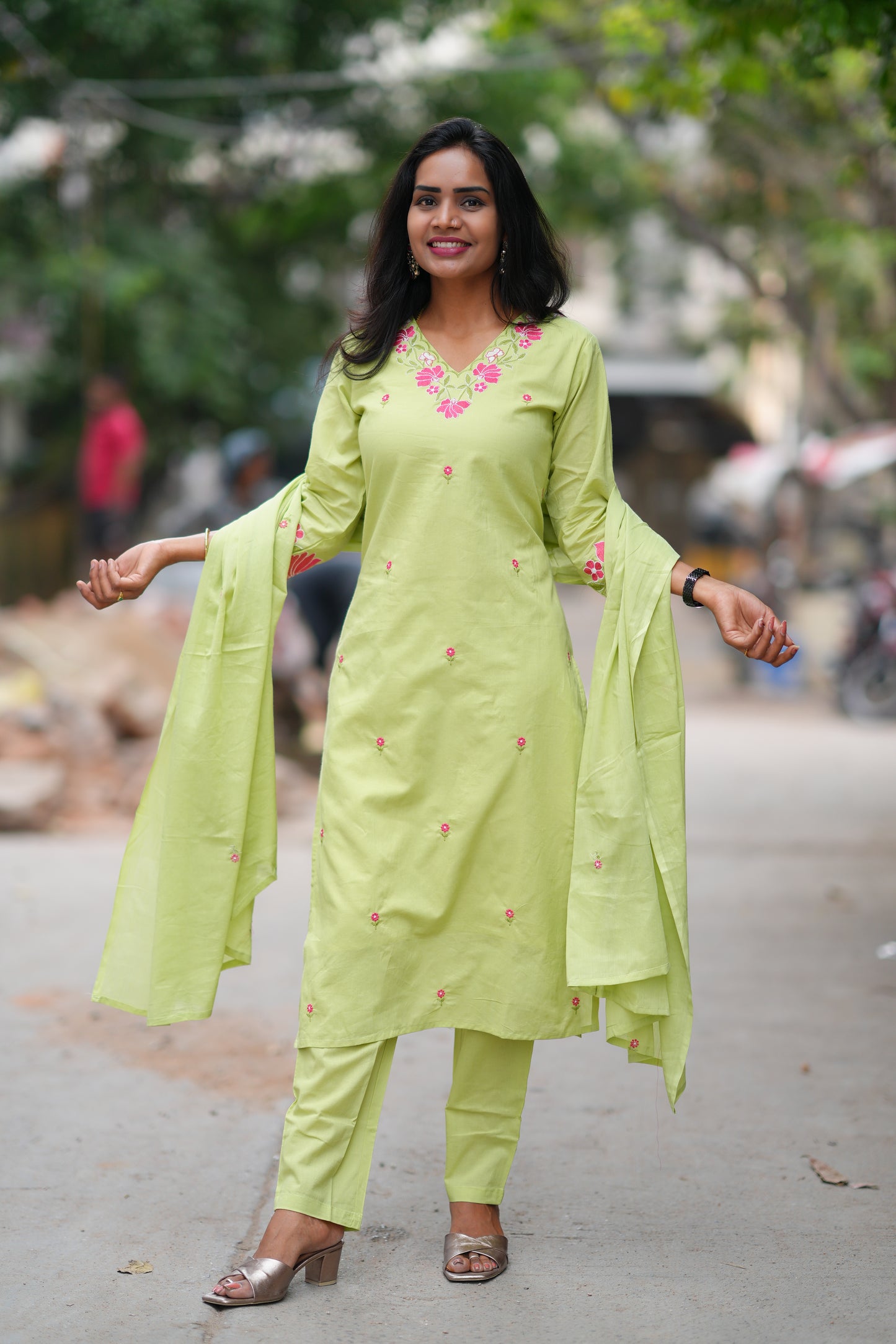 Pista Green Color Jaipur Cotton 3 Piece Set With Embroidery Work and Complete Lining