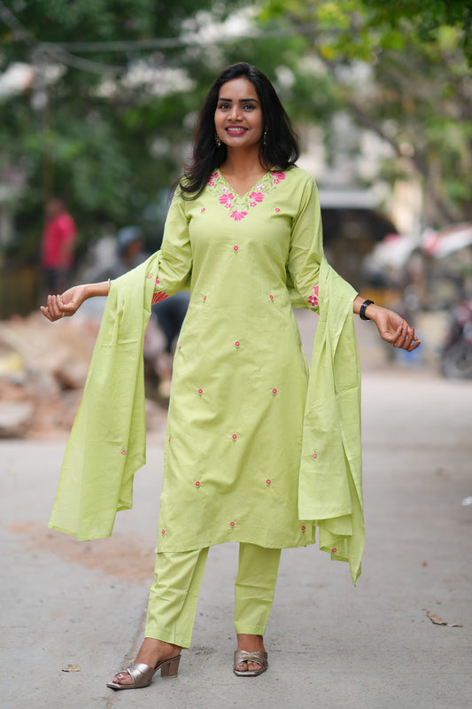 Pista Green Color Jaipur Cotton 3 Piece Set With Embroidery Work and Complete Lining