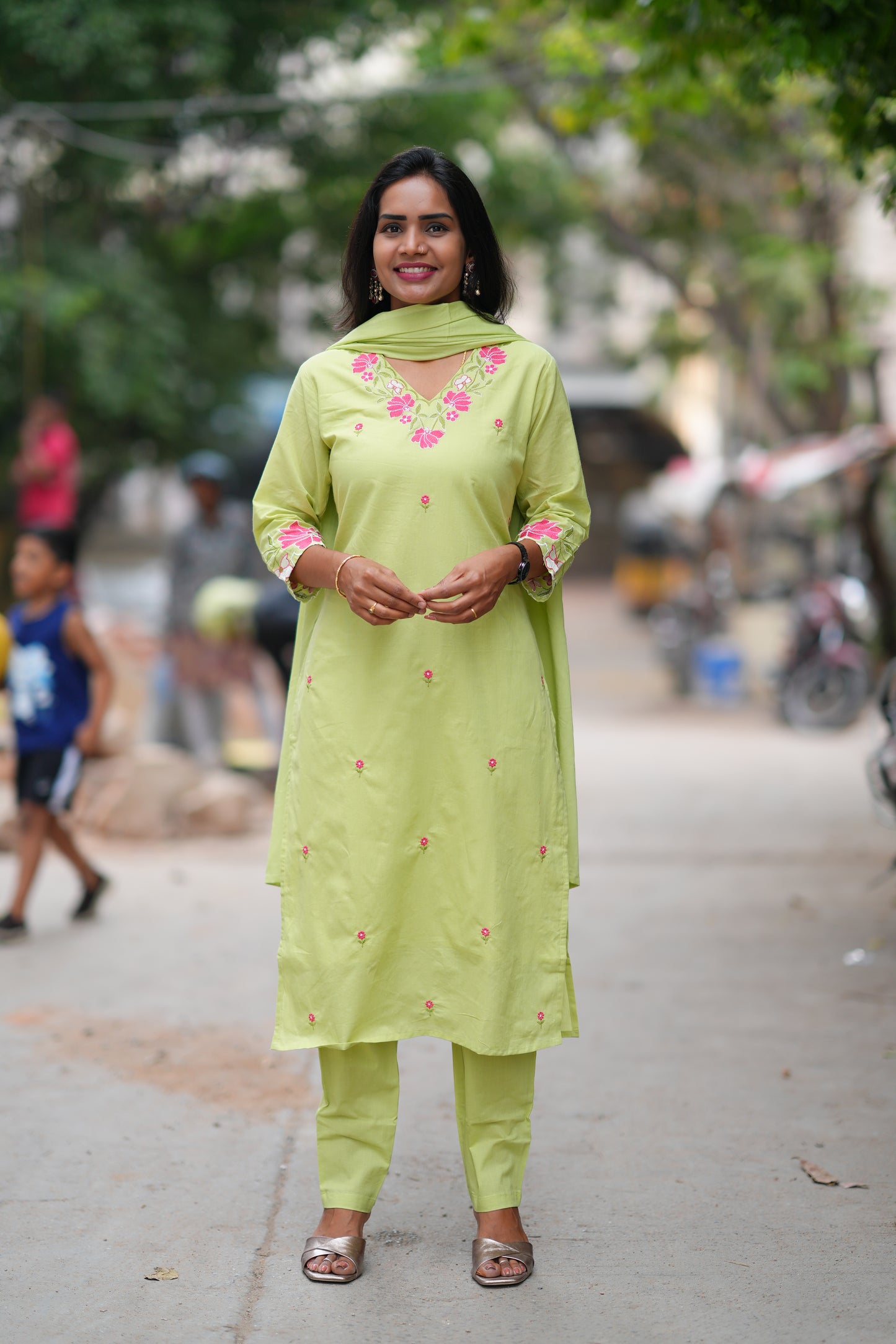 Pista Green Color Jaipur Cotton 3 Piece Set With Embroidery Work and Complete Lining