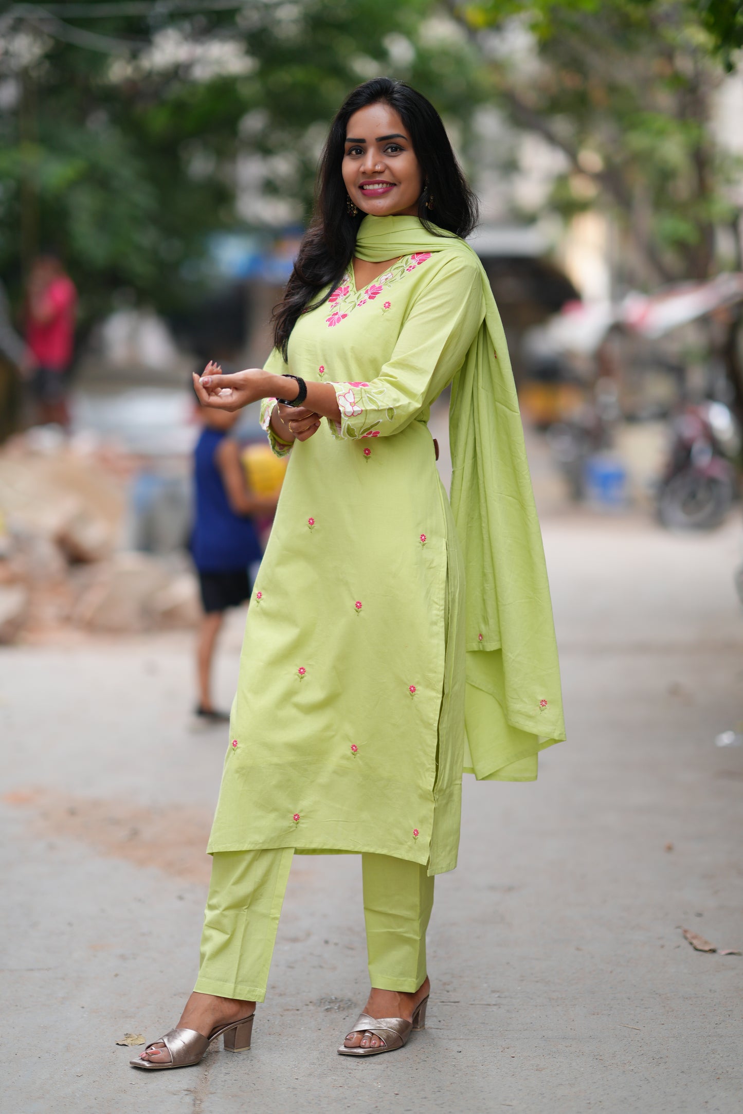 Pista Green Color Jaipur Cotton 3 Piece Set With Embroidery Work and Complete Lining