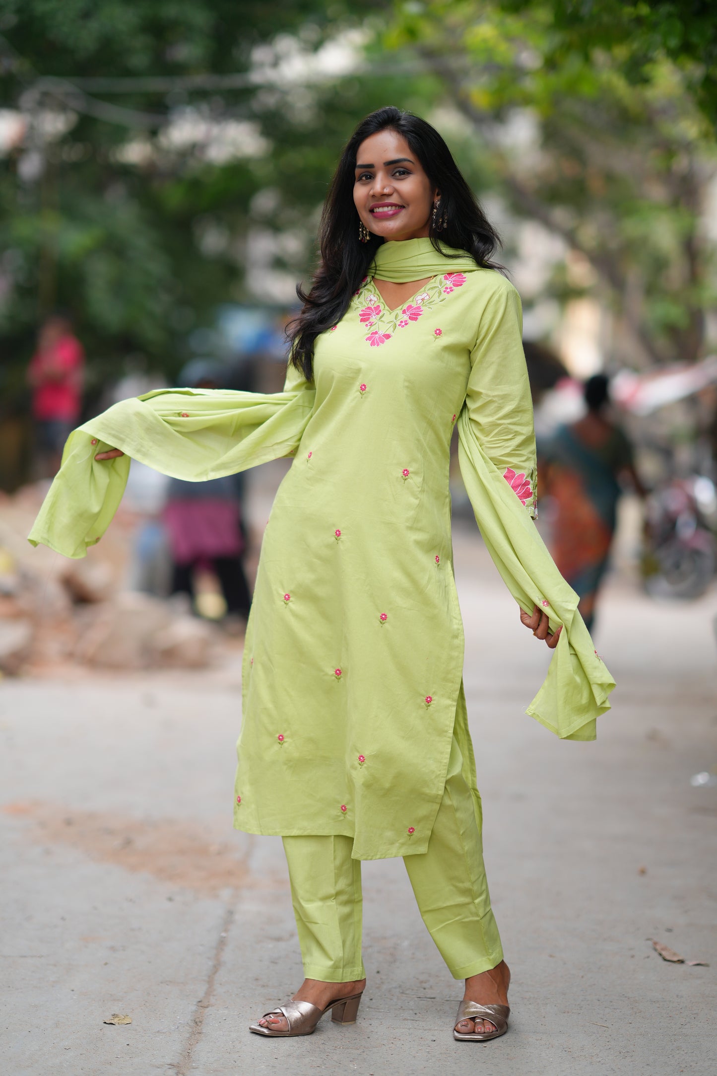 Pista Green Color Jaipur Cotton 3 Piece Set With Embroidery Work and Complete Lining