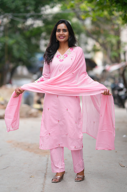 Pink Color Jaipur Cotton 3 Piece Set With Embroidery Work and Complete Lining