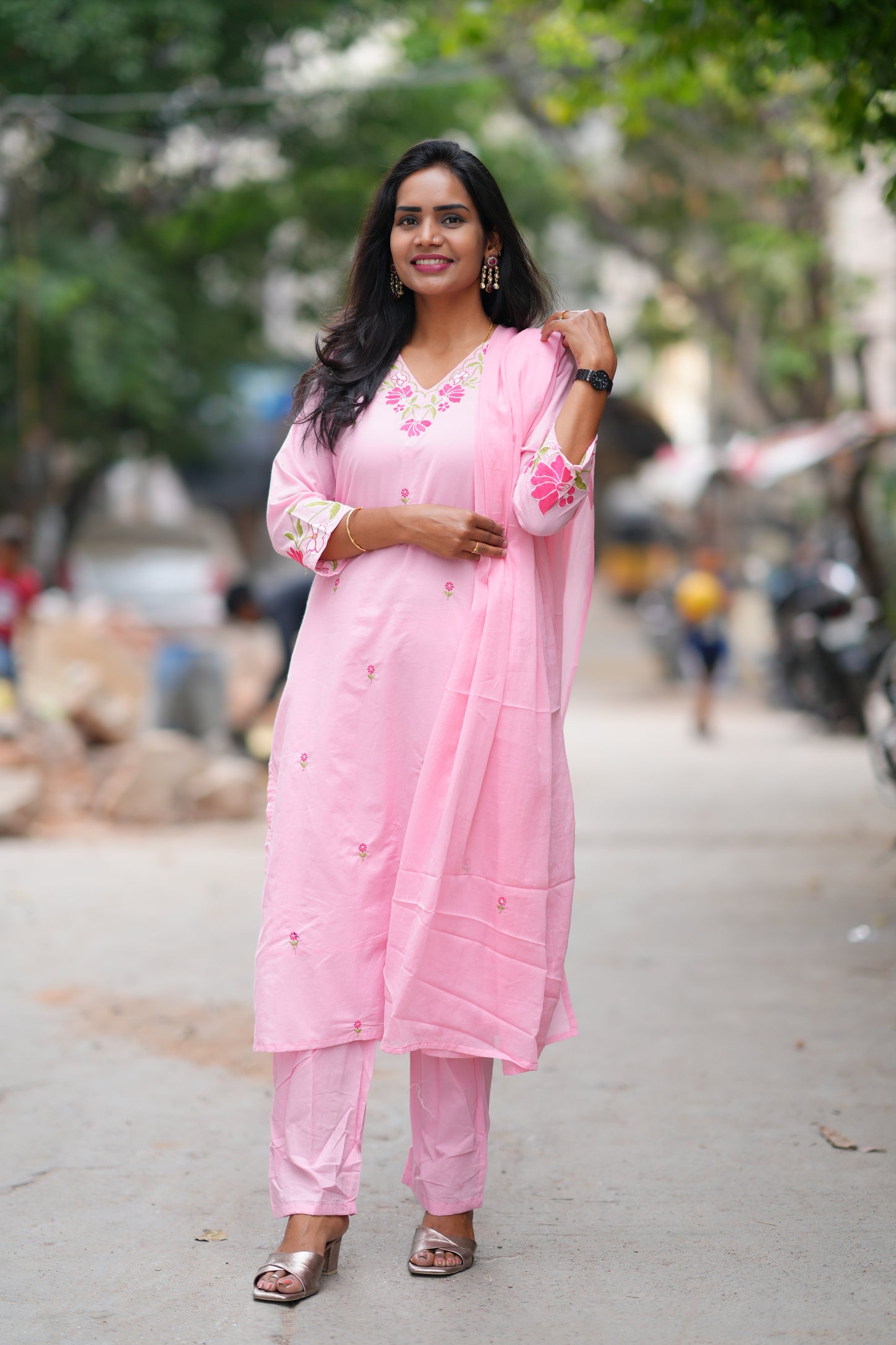 Pink Color Jaipur Cotton 3 Piece Set With Embroidery Work and Complete Lining