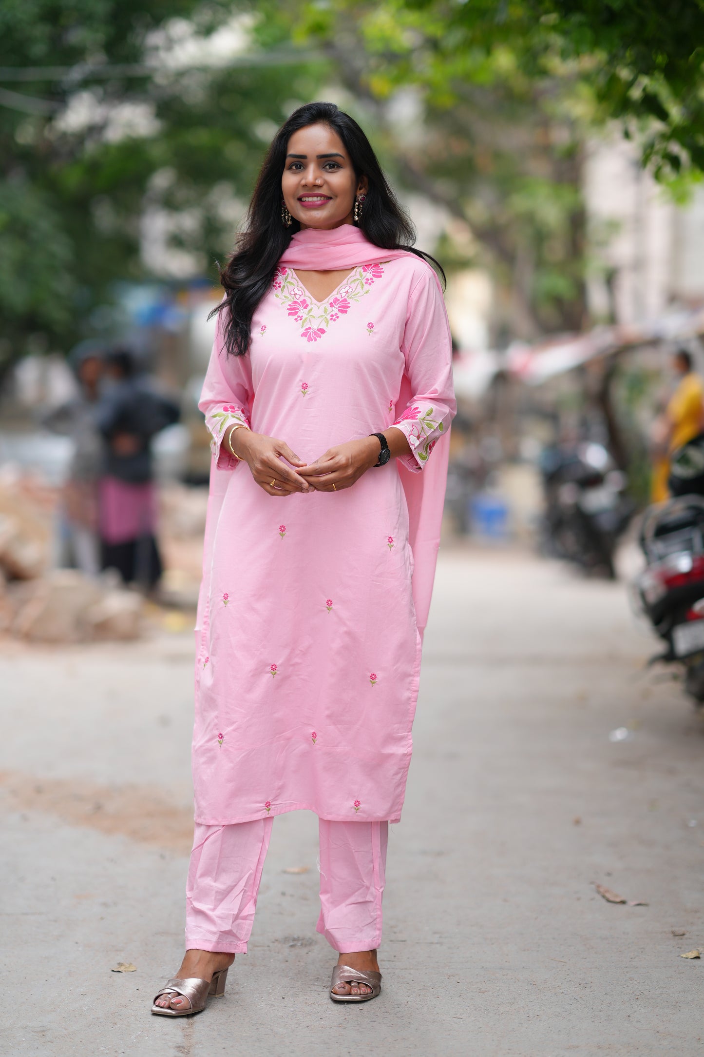 Pink Color Jaipur Cotton 3 Piece Set With Embroidery Work and Complete Lining