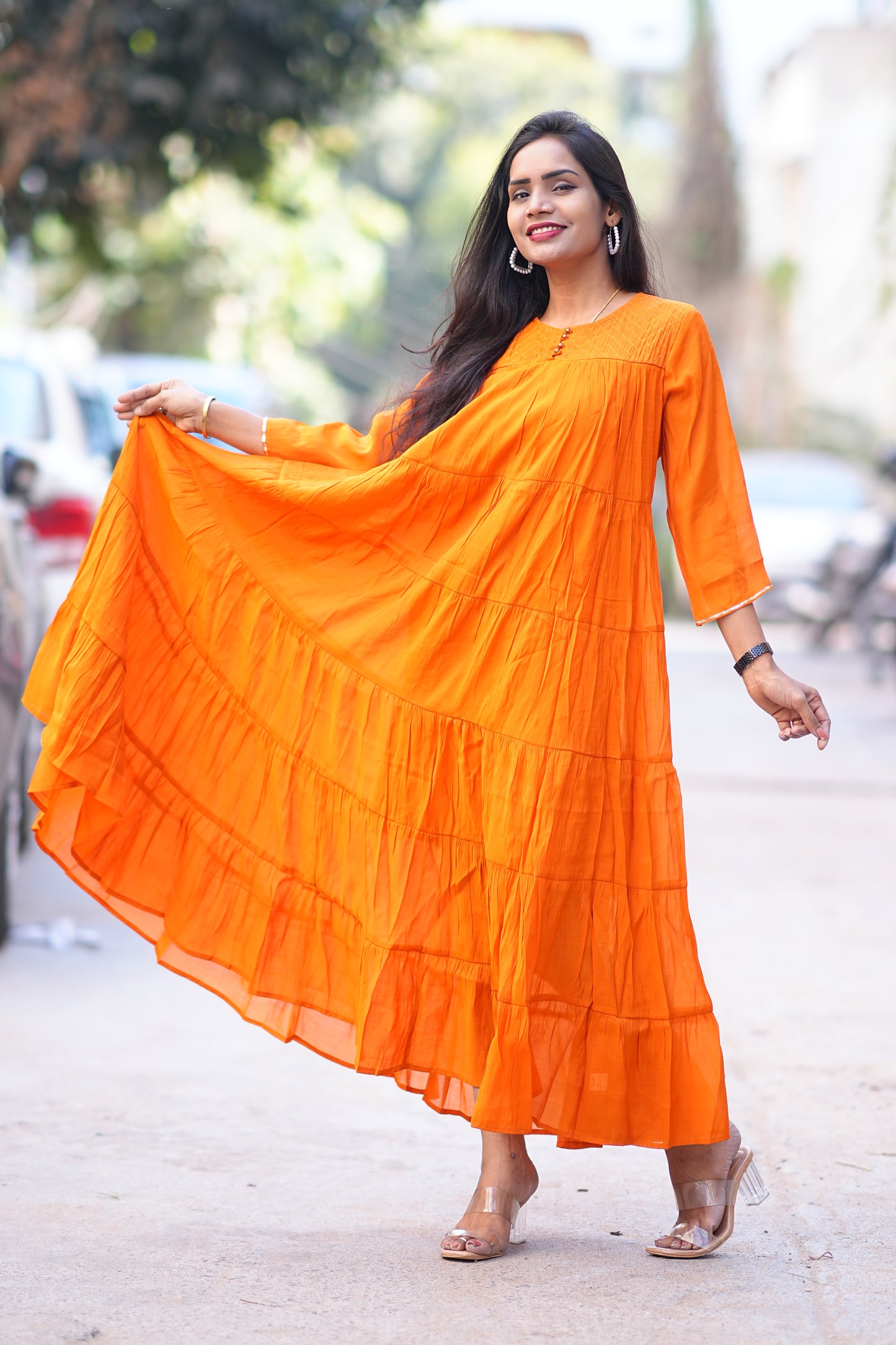 Orange Color Premium Mul Chanderi Frock With Lining