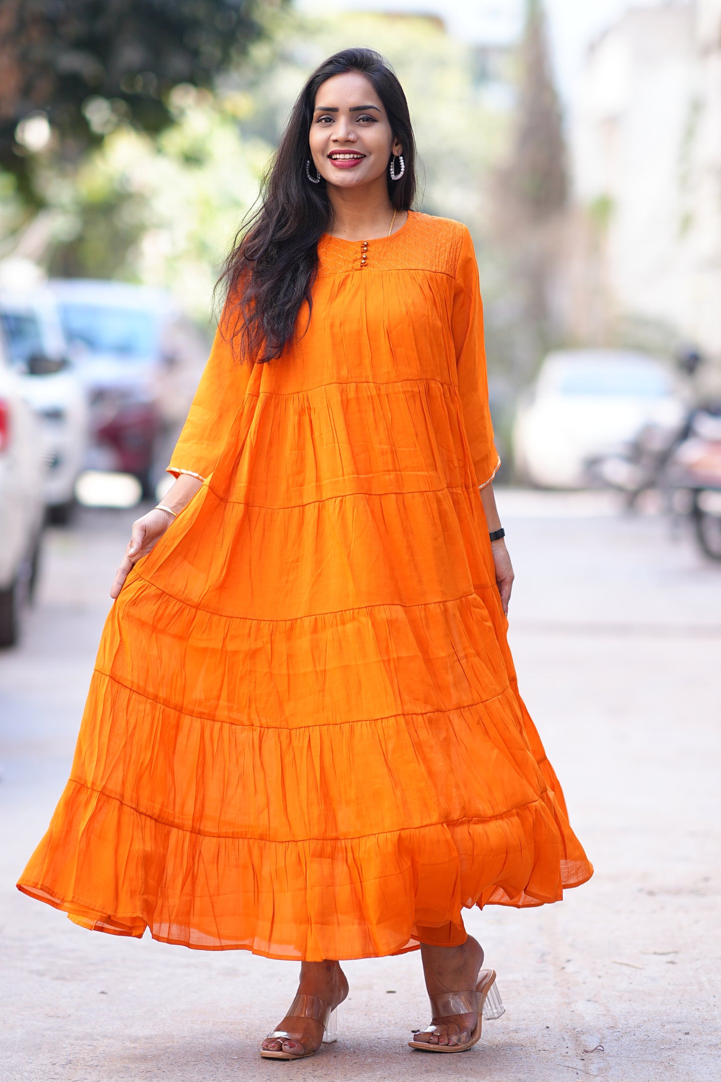 Orange Color Premium Mul Chanderi Frock With Lining