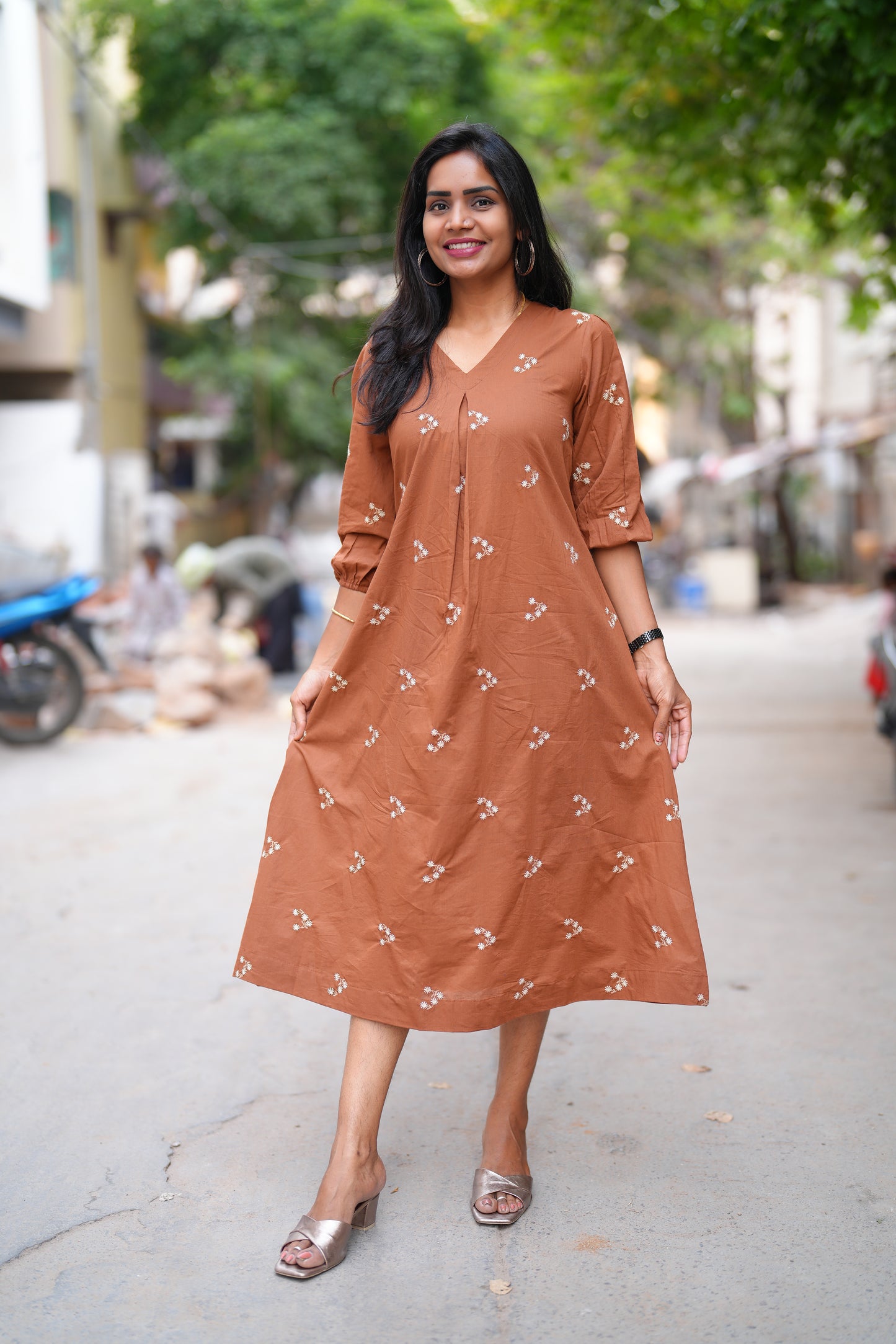 Brown Color Jaipuri Cotton frock With Embroidery Work