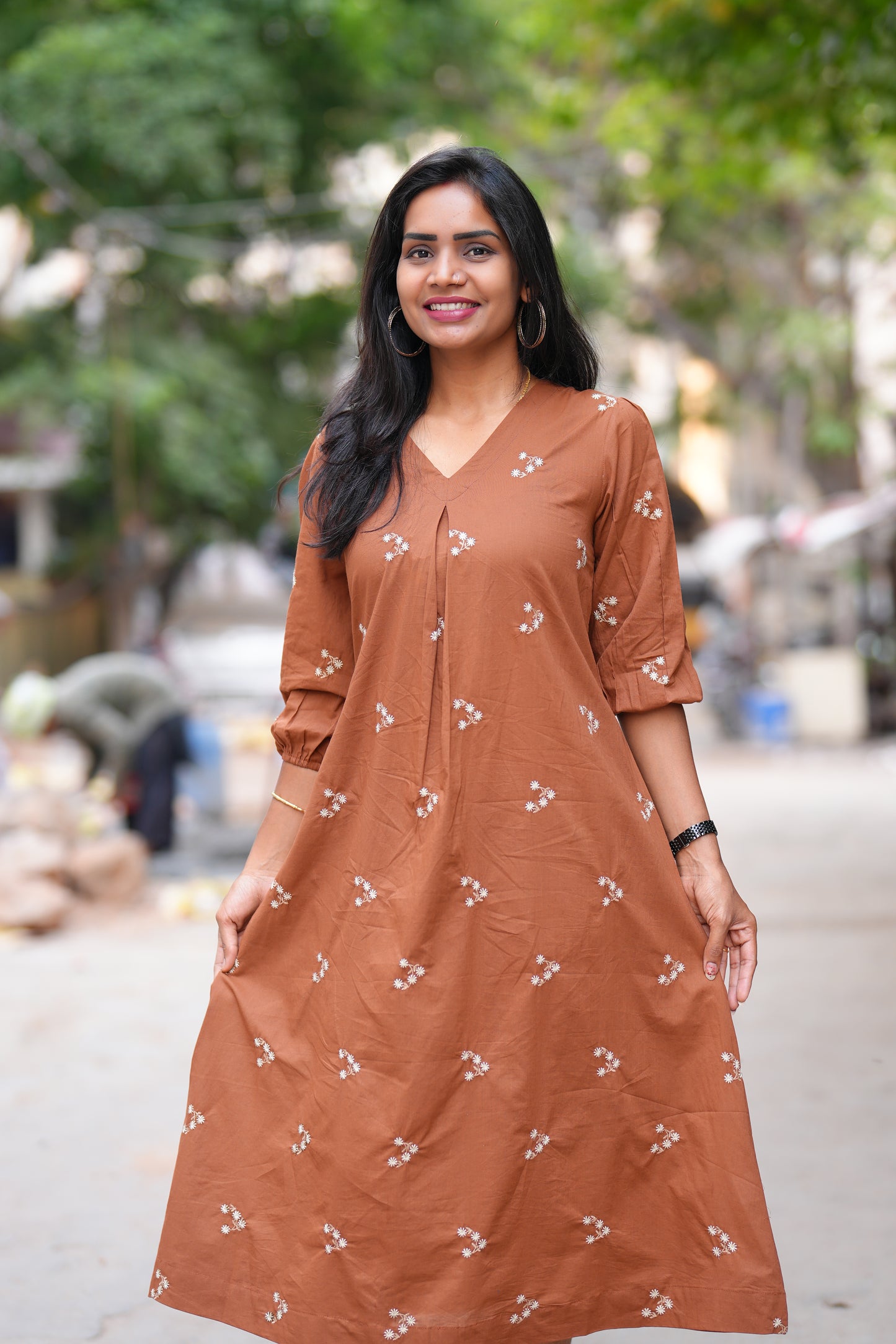 Brown Color Jaipuri Cotton frock With Embroidery Work