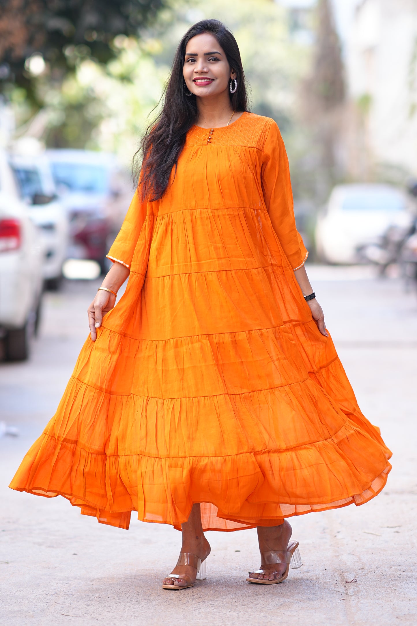 Orange Color Premium Mul Chanderi Frock With Lining