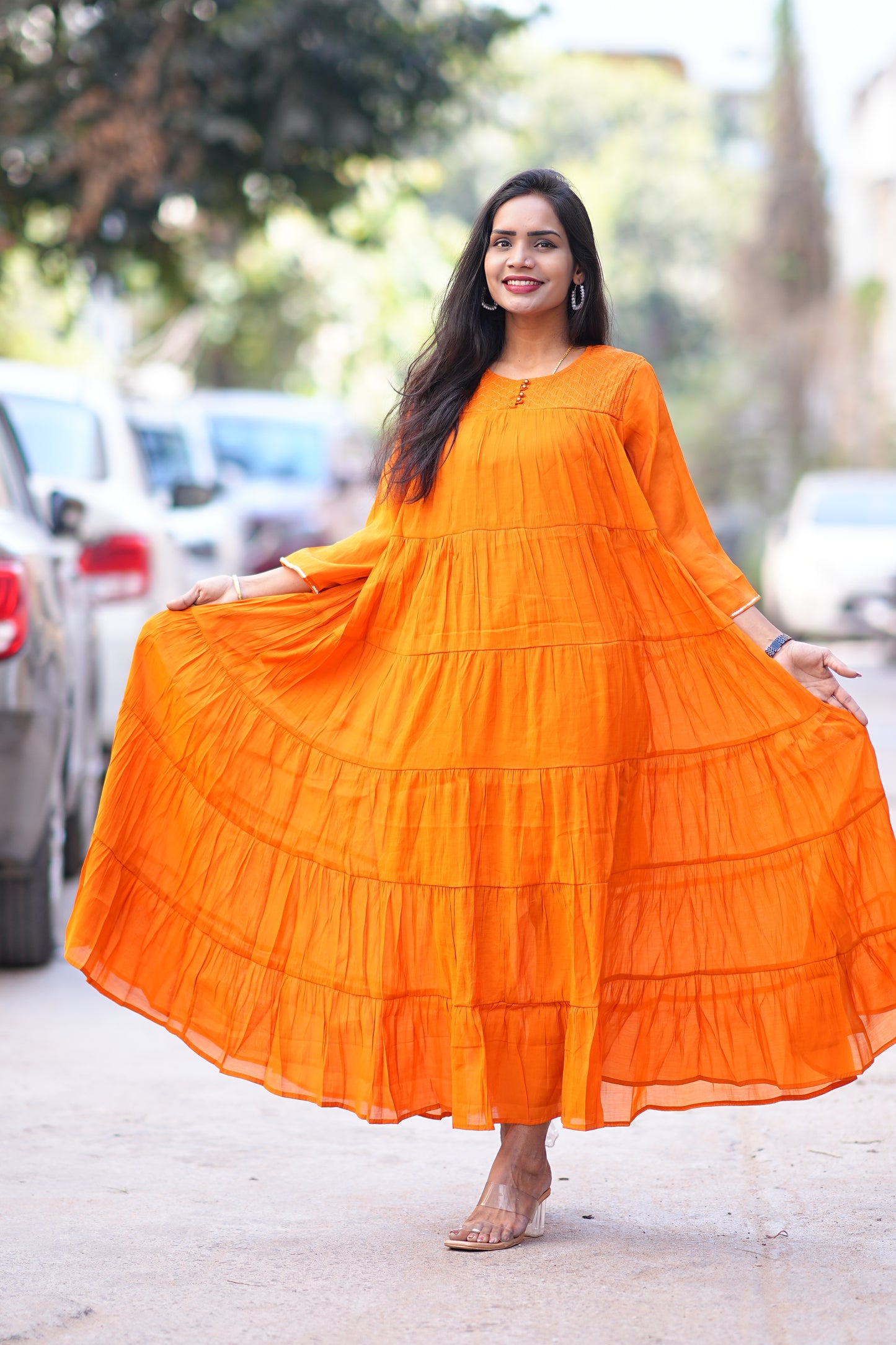 Orange Color Premium Mul Chanderi Frock With Lining