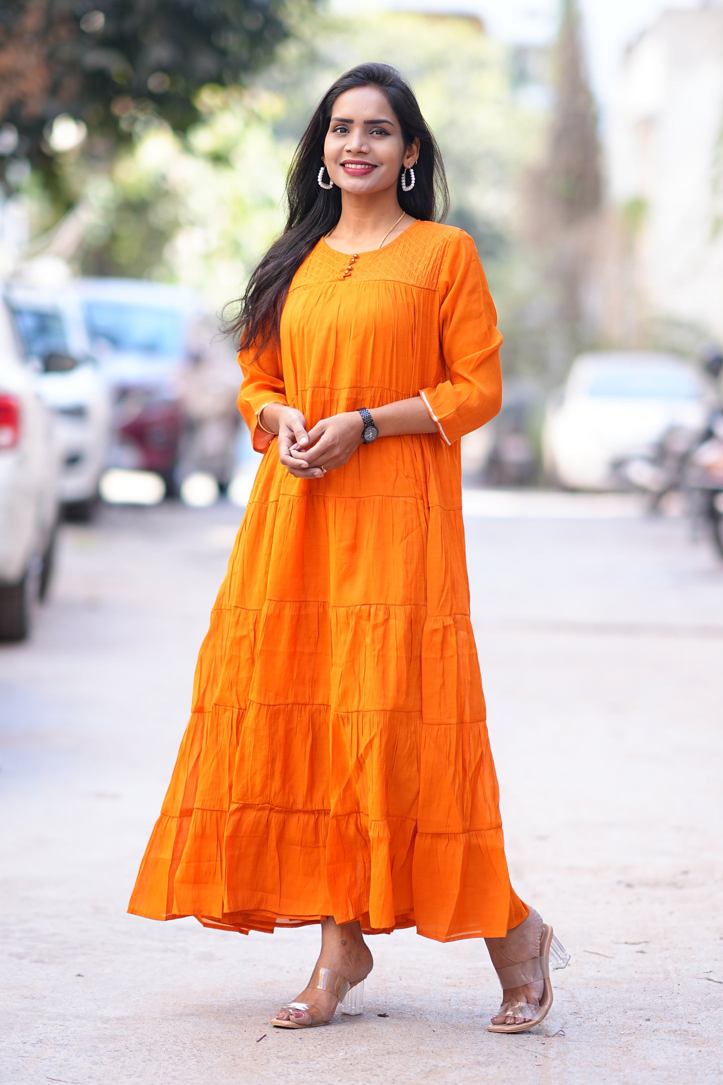 Orange Color Premium Mul Chanderi Frock With Lining