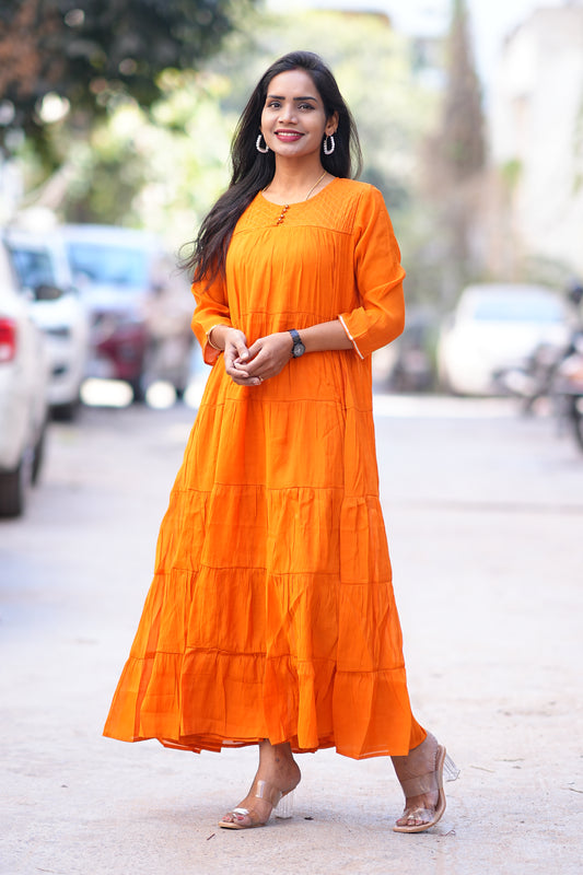 Orange Color Premium Mul Chanderi Frock With Lining