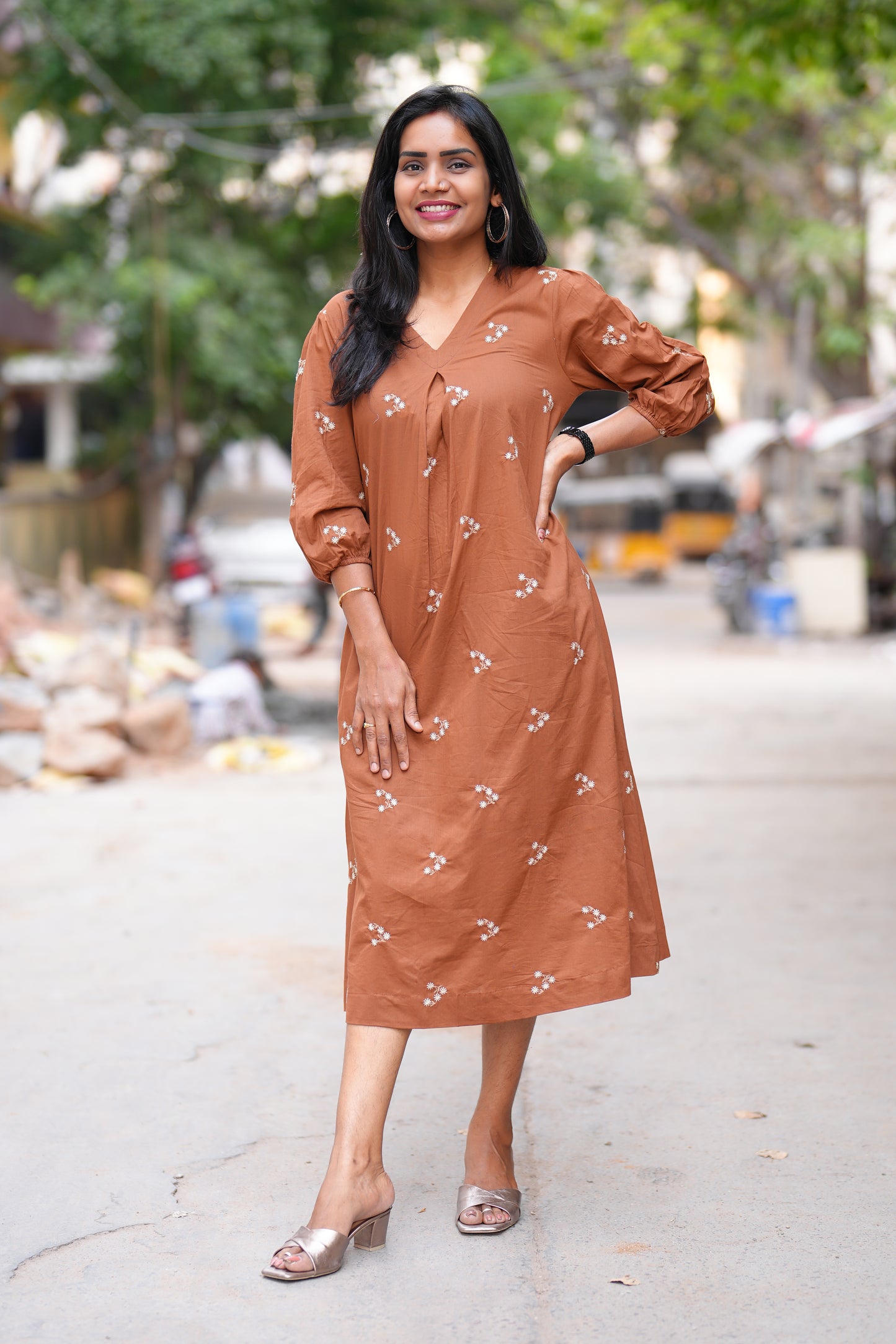 Brown Color Jaipuri Cotton frock With Embroidery Work