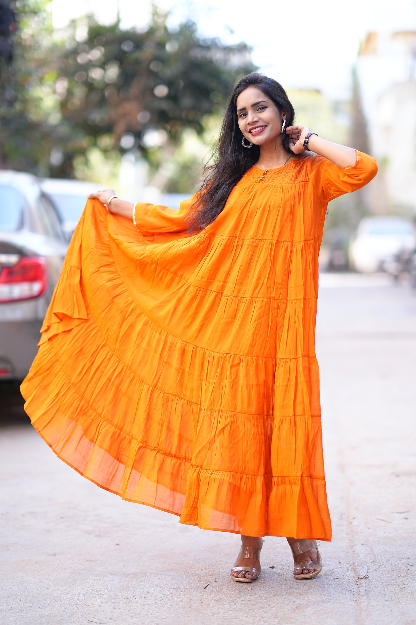 Orange Color Premium Mul Chanderi Frock With Lining