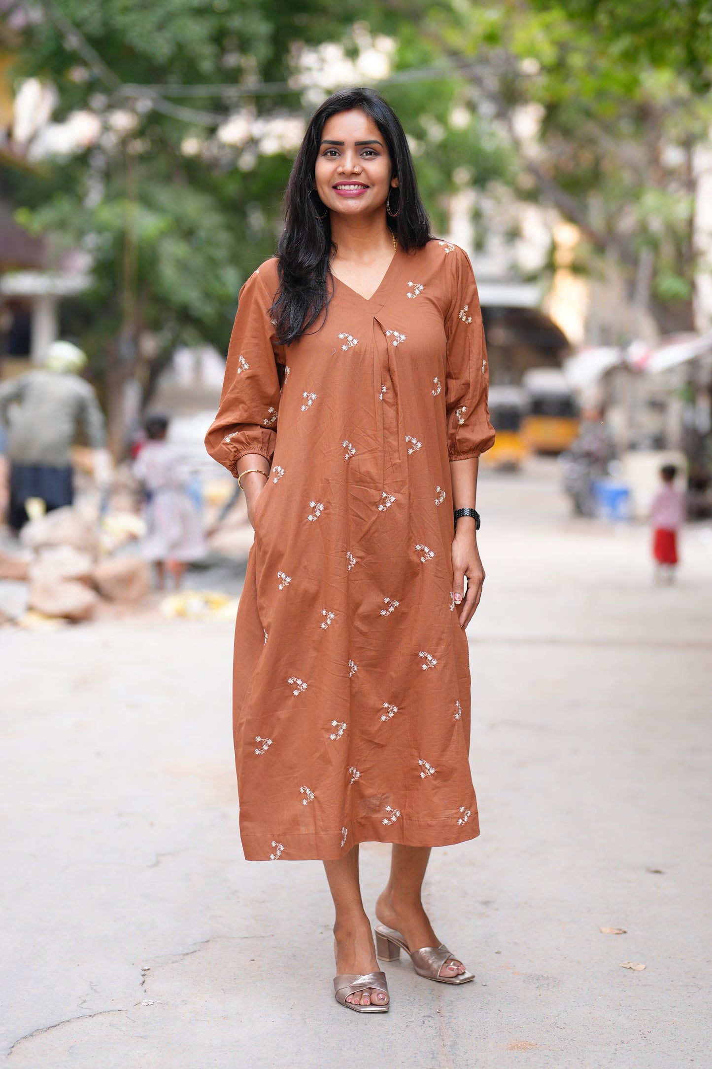 Brown Color Jaipuri Cotton frock With Embroidery Work