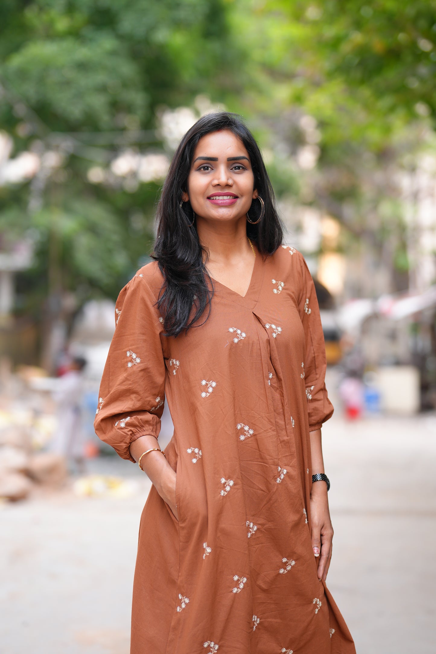 Brown Color Jaipuri Cotton frock With Embroidery Work