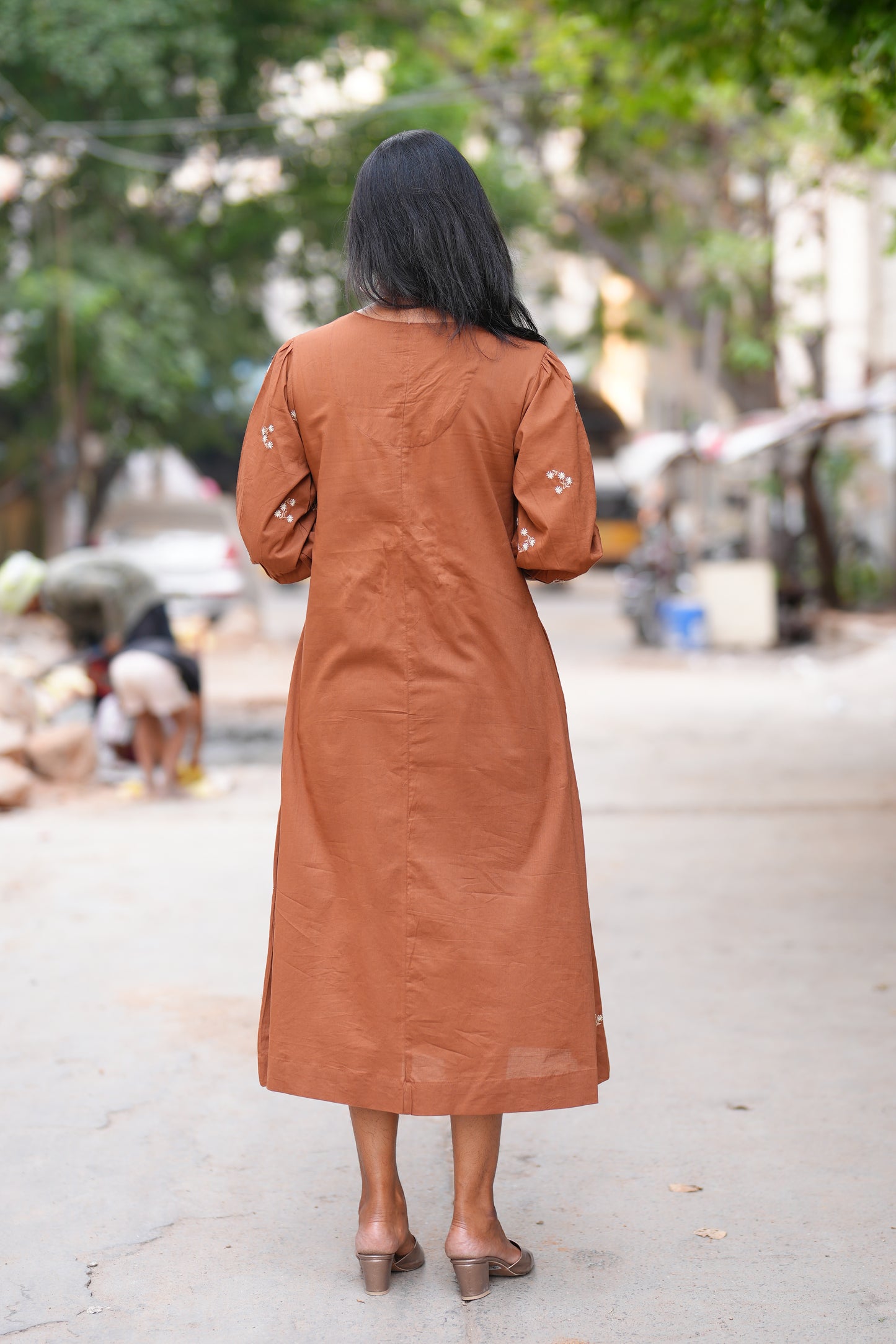 Brown Color Jaipuri Cotton frock With Embroidery Work