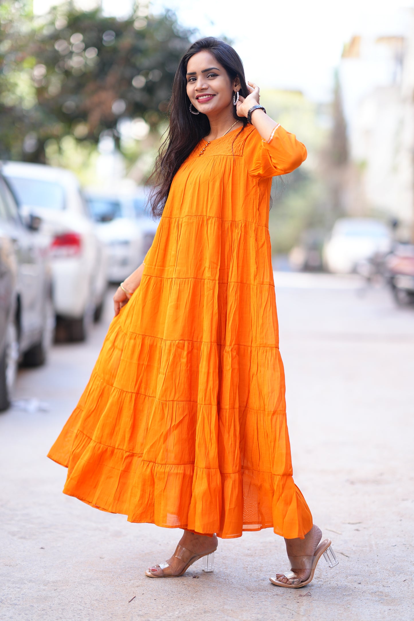 Orange Color Premium Mul Chanderi Frock With Lining
