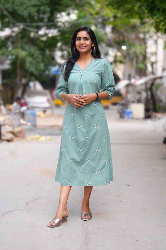 Sage Green Color Jaipuri Cotton frock With Embroidery Work