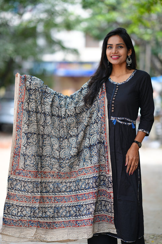 Designer Wear Black Color Cotton 3 Piece Set With Kalamkari Duppata