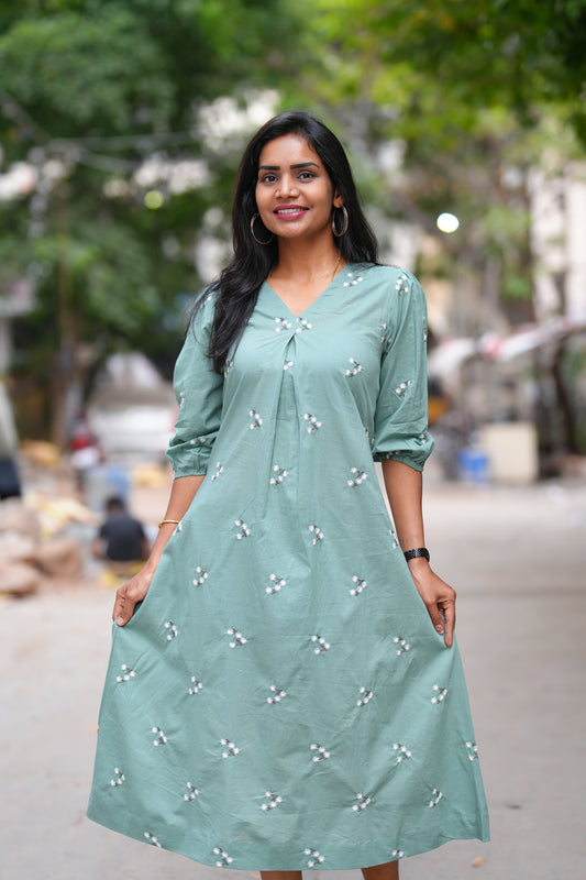 Sage Green Color Jaipuri Cotton frock With Embroidery Work