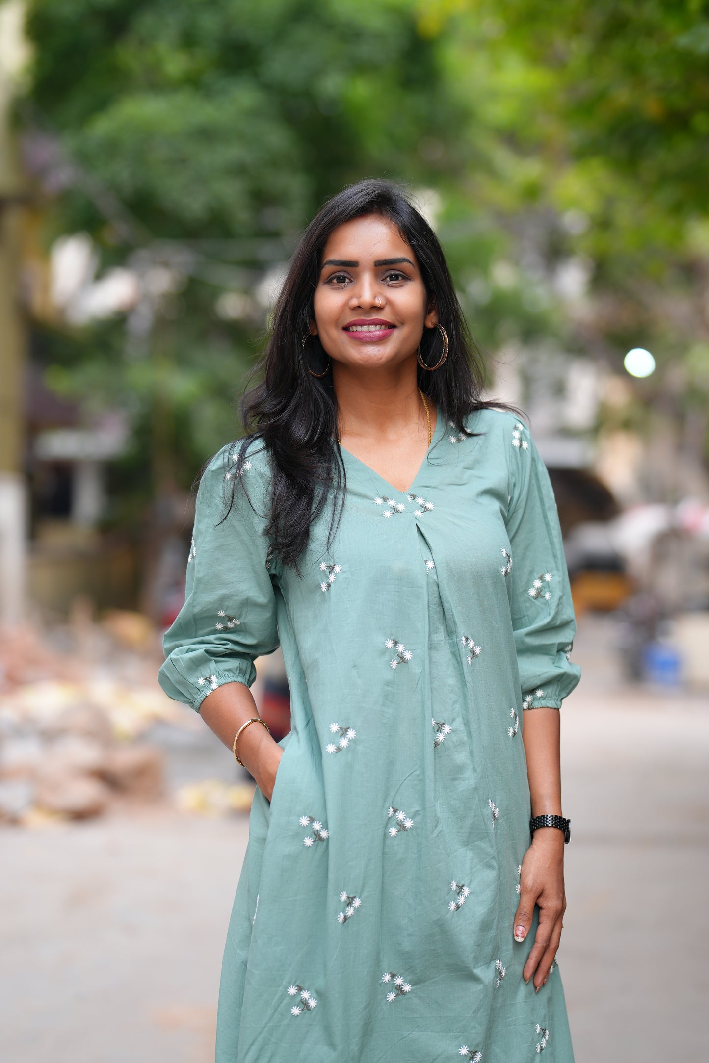 Sage Green Color Jaipuri Cotton frock With Embroidery Work