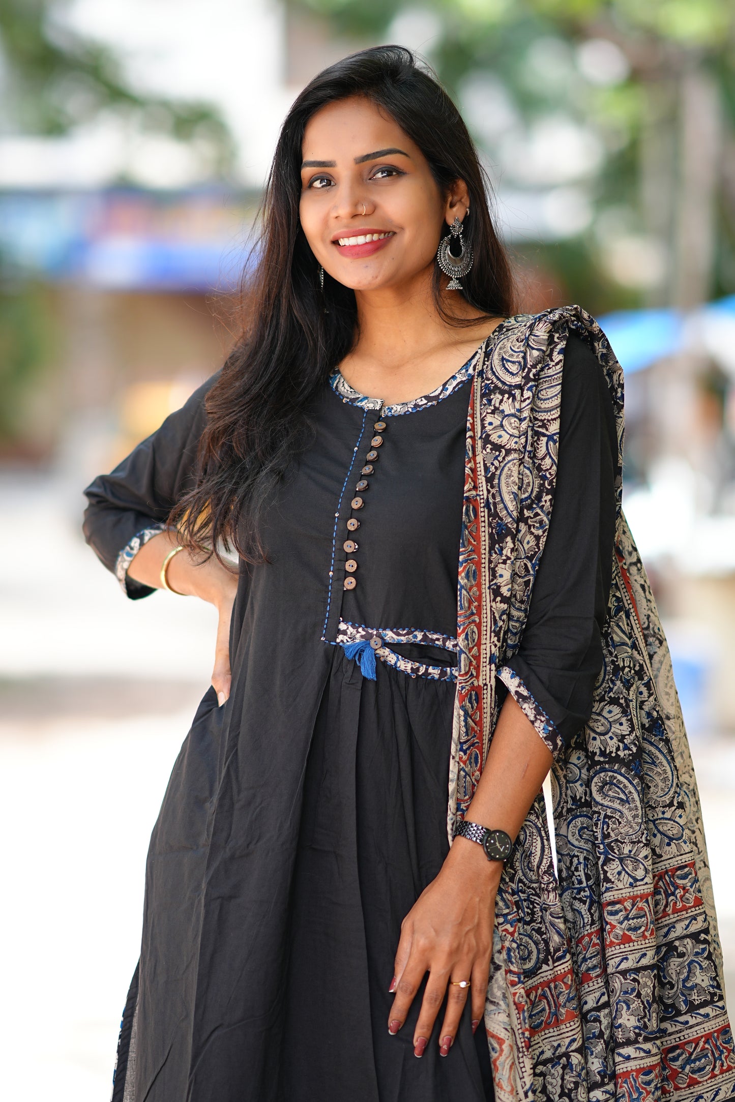 Designer Wear Black Color Cotton 3 Piece Set With Kalamkari Duppata