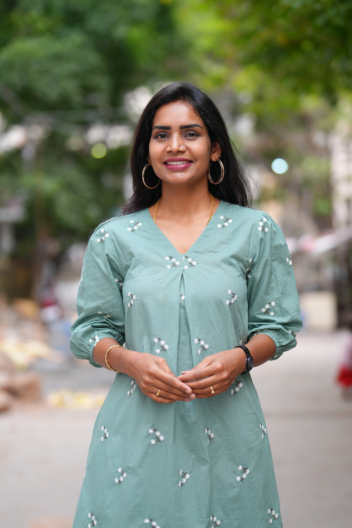 Sage Green Color Jaipuri Cotton frock With Embroidery Work