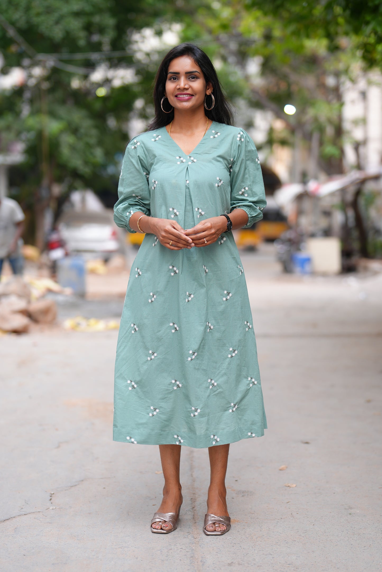 Sage Green Color Jaipuri Cotton frock With Embroidery Work